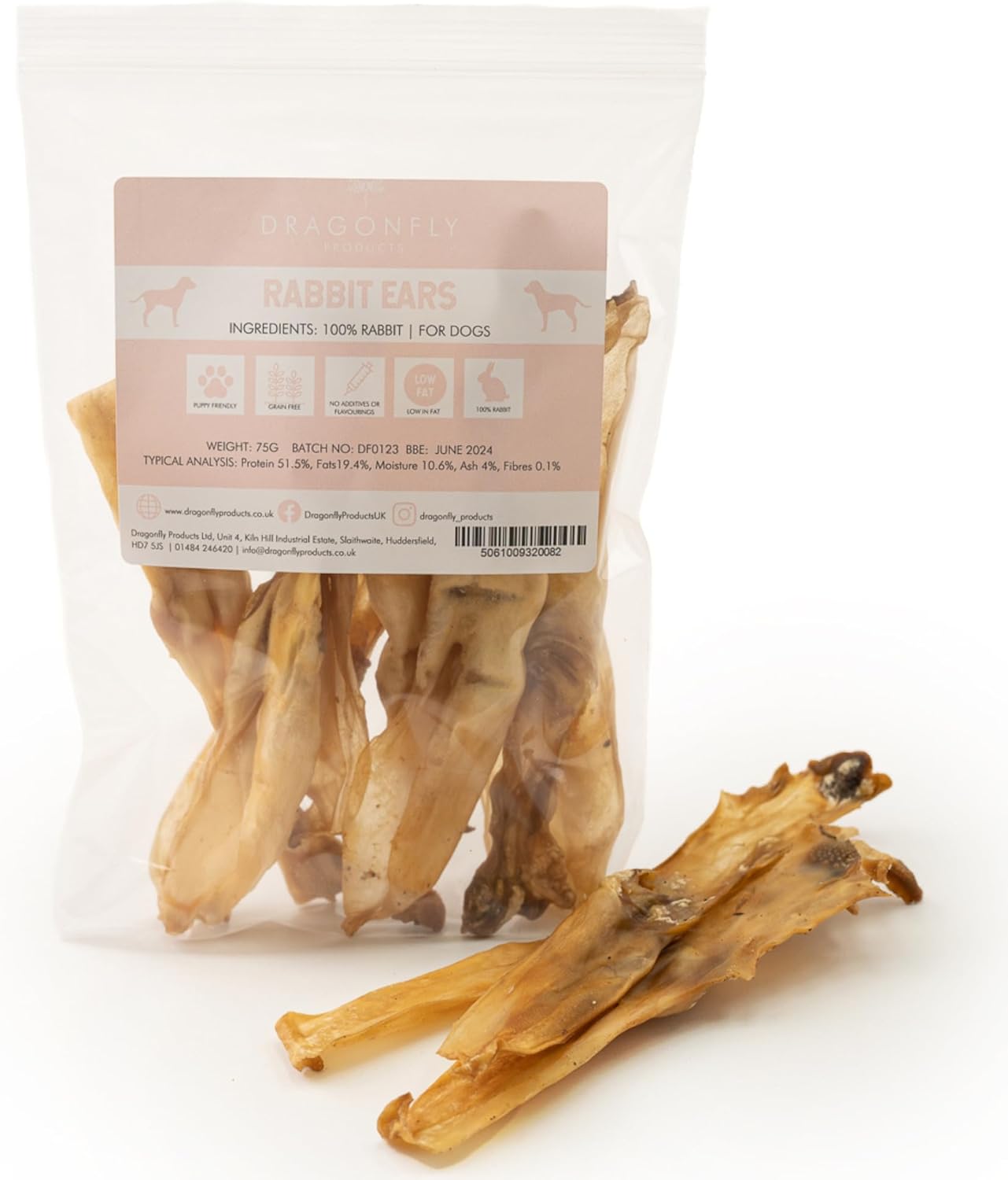 Dragonfly Products Rabbit Ears for Dogs without Fur | 300g (16-20 pieces) | Natural, Healthy, Grain Free & Hypoallergenic Dog treats | Suitable for Dogs and Puppies