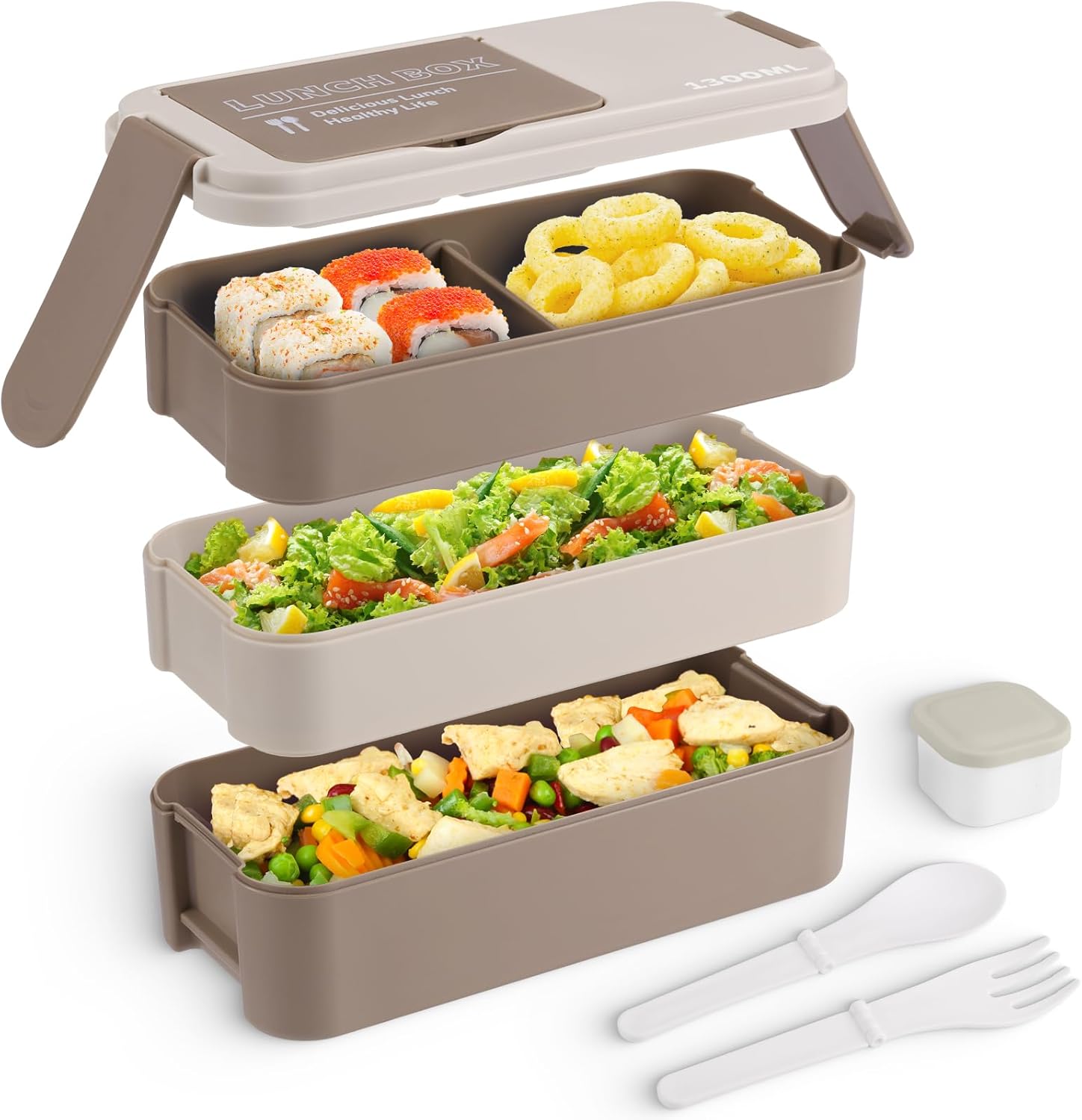 Bento Box Adult Lunch Box, Stackable 3 Layers Lunch Containers for Kids, Portable Bento Lunch Box with Utensils, 44 Oz/5 Cup, Brown