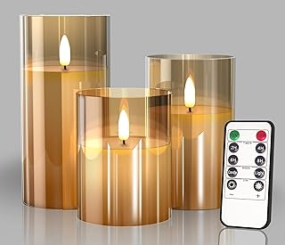 Glass Battery Operated LED Pillar Flameless Candles with10-Key Remote and Timer, Real Wax Candles Warm Color Wick Flickering Light for Festival Wedding bar Cafe Home Party Decor(Pack of 3)-Gold