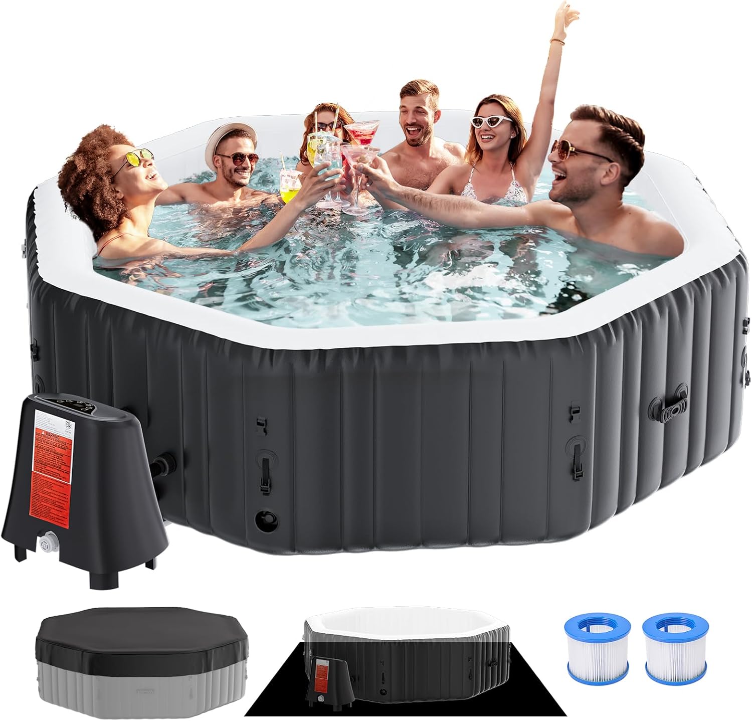 Inflatable Hot Tub, 4-6 Person Large Polygon Portable Blow Up Hot Tub, Leak-Proof PVC Outdoor Spa with 130 Air Jets, Heater Pump and Insulated Cover, 77” X 25”