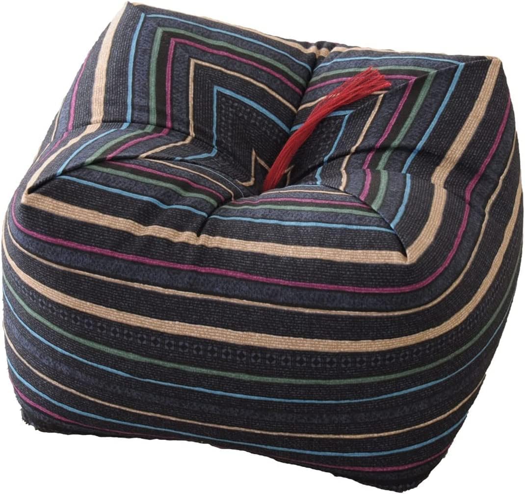 EMOOR Japanese Buckwheat Hulls Seiza Cushion Medium 22x22x13cm Made in Japan (Stripe Blue), Natural Buckwheat Husks Sobagara Floor Sitting Pillow Tatami Cool Nap Side Sleepers
