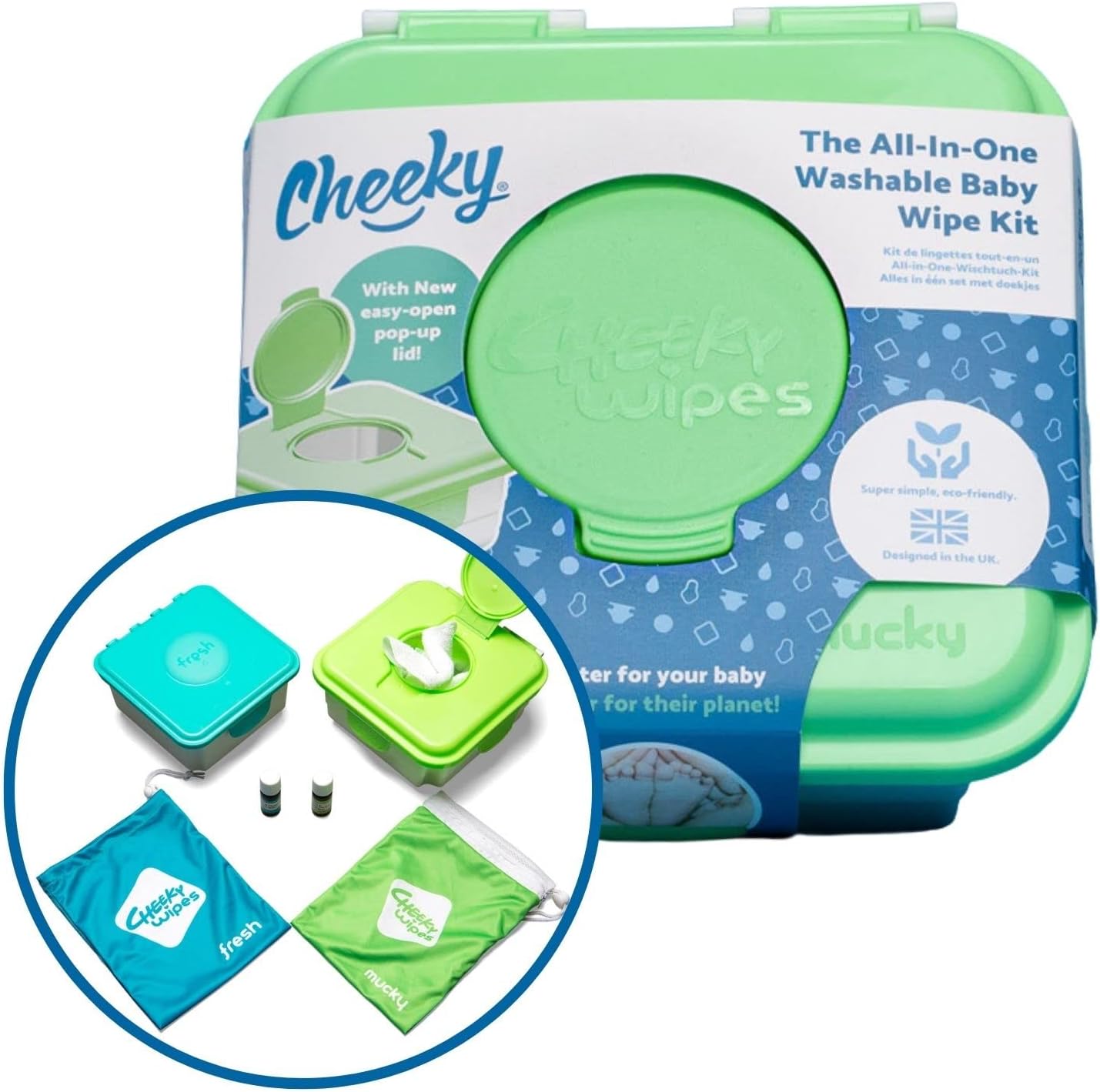 Cheeky Wipes Reusable Baby Wipe Kit - 25 Washable White Cotton Terry Wipes, 15x15cm with soaking box, Mucky soaking box & Fresh and Mucky essential oil soaking solutions (10ml)
