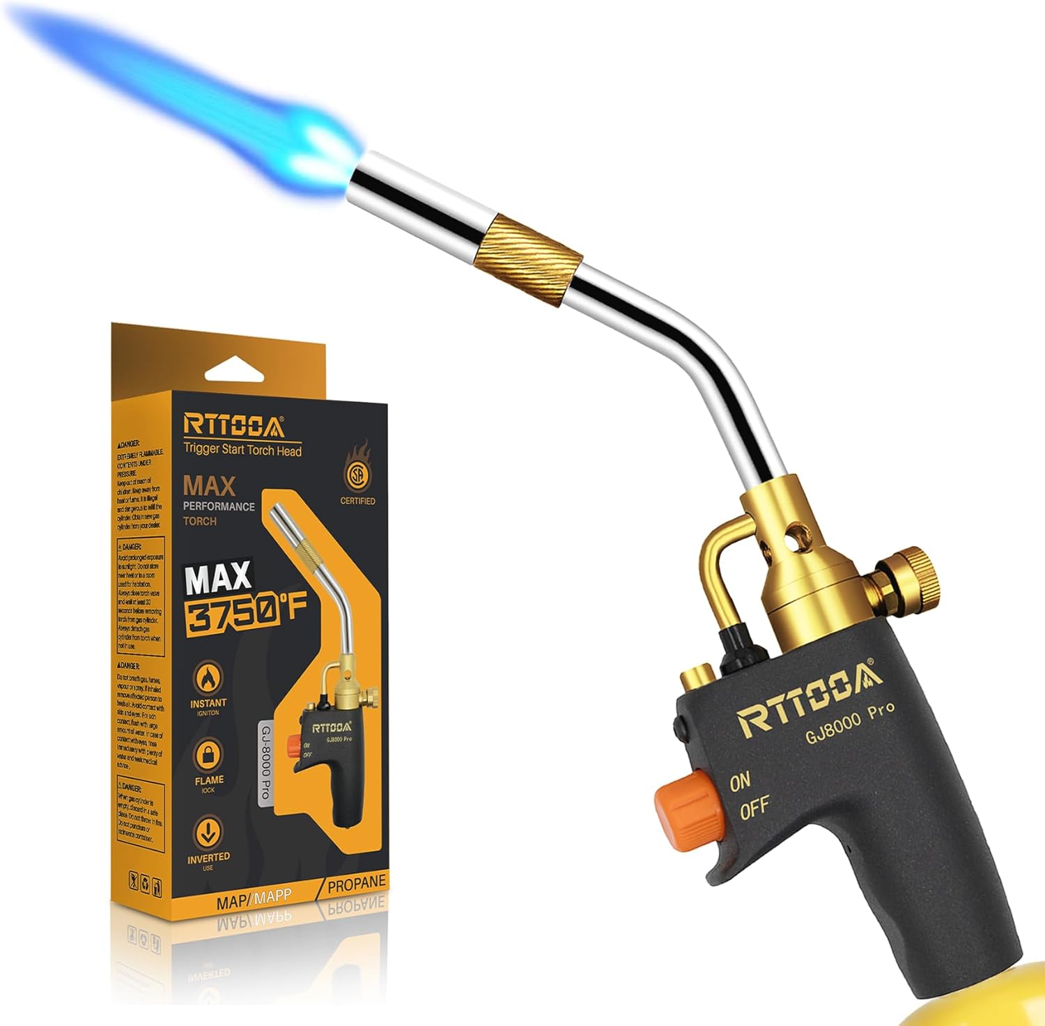 Propane Torch Head, GJ-8000pro High Intensity Torch Head, Trigger Start Gas Torch Kit for Propane, Pencil Flame Welding Torch Fuel by Mapp/Map/Propane, Soldering, Cooking（CSA Certified)