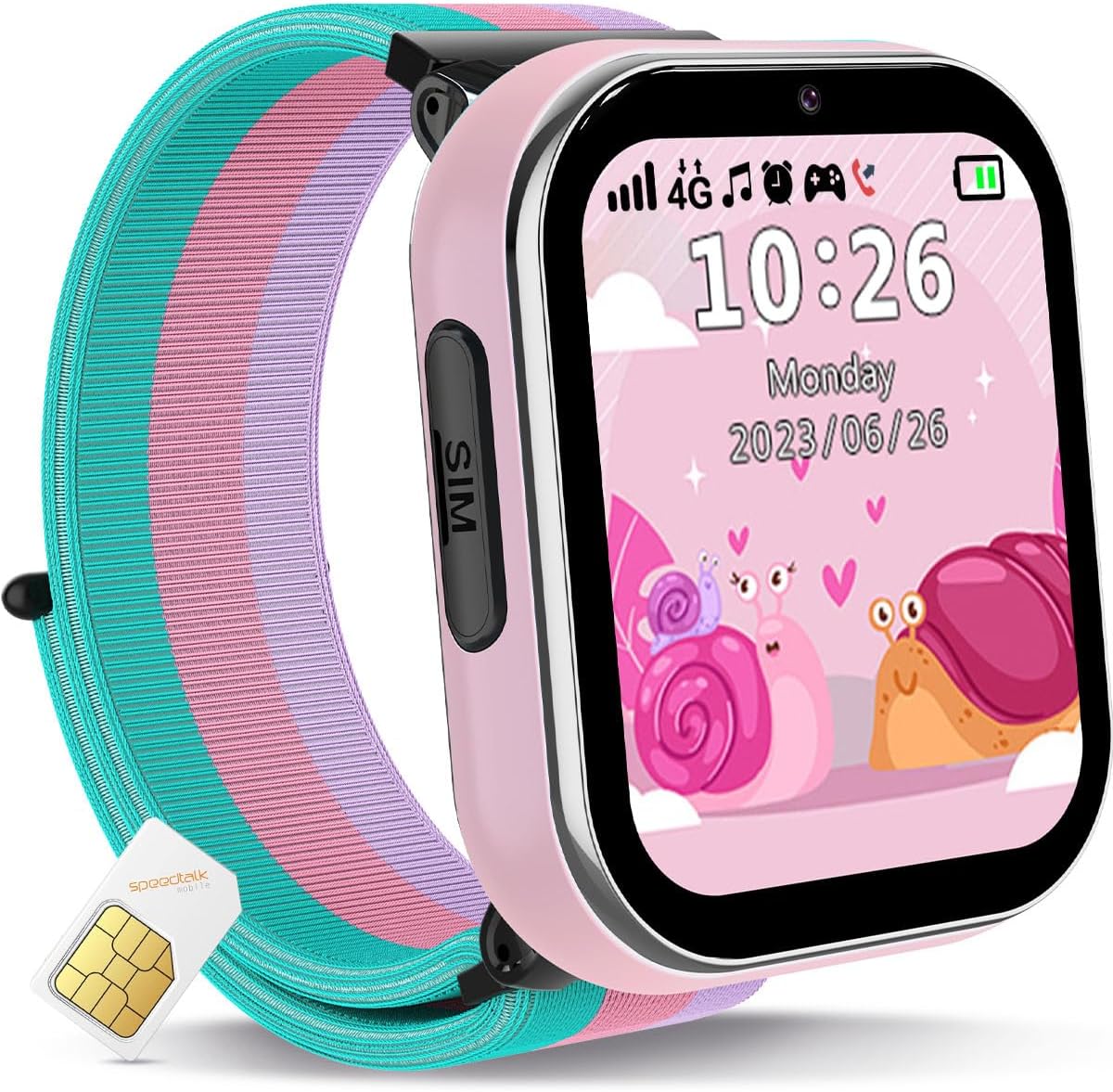 PTHTECHUS® 4G Kids Smart Watch, Children Smartwatches HD Touch Screen Phone with Calling, SOS Video Two-Way Talking Camera Music MP3 Learning Card, Birthday Gift for Boys and Girls Aged 4-12（Pink）