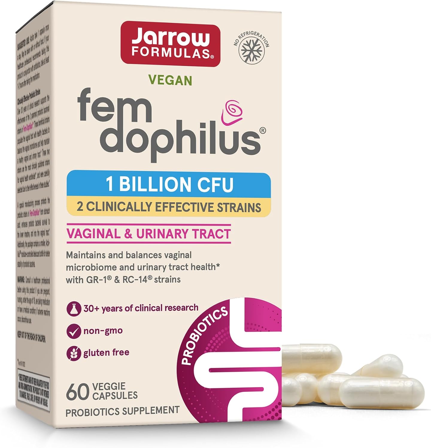 Jarrow Formulas Fem-Dophilus Vaginal Probiotics 1 Billion CFU with 2 Science-Backed Strains, Dietary Supplement for Vaginal & Urinary Tract Support, 60 Capsules, Up to a 60 Day Supply, Shelf-Stable