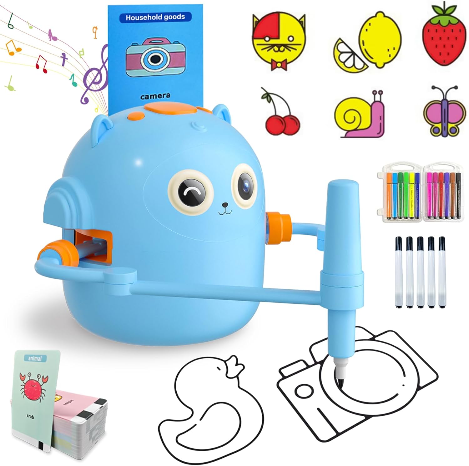 Drawing Robot for Kids, Educational Drawing Machine Voice Interaction Draw Learning Toy with 100 Word Cards & 12 Color Pens five black paintbrushes Present for Age 3+ Boys Girls Birthday Christmas