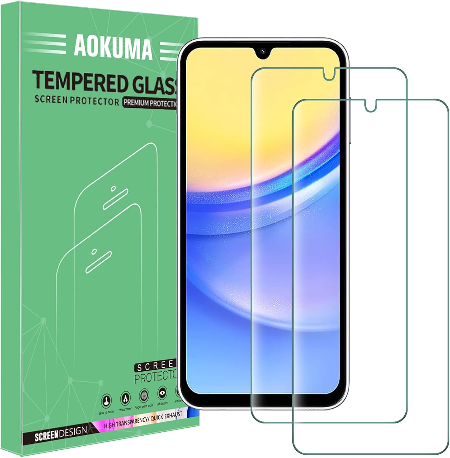 AOKUMA Tempered Glass for Samsung Galaxy A15 5G Screen Protector, [2 Pack] Premium Quality Guard Film, Case Friendly, Shatterproof, Shockproof, Scratchproof oilproof