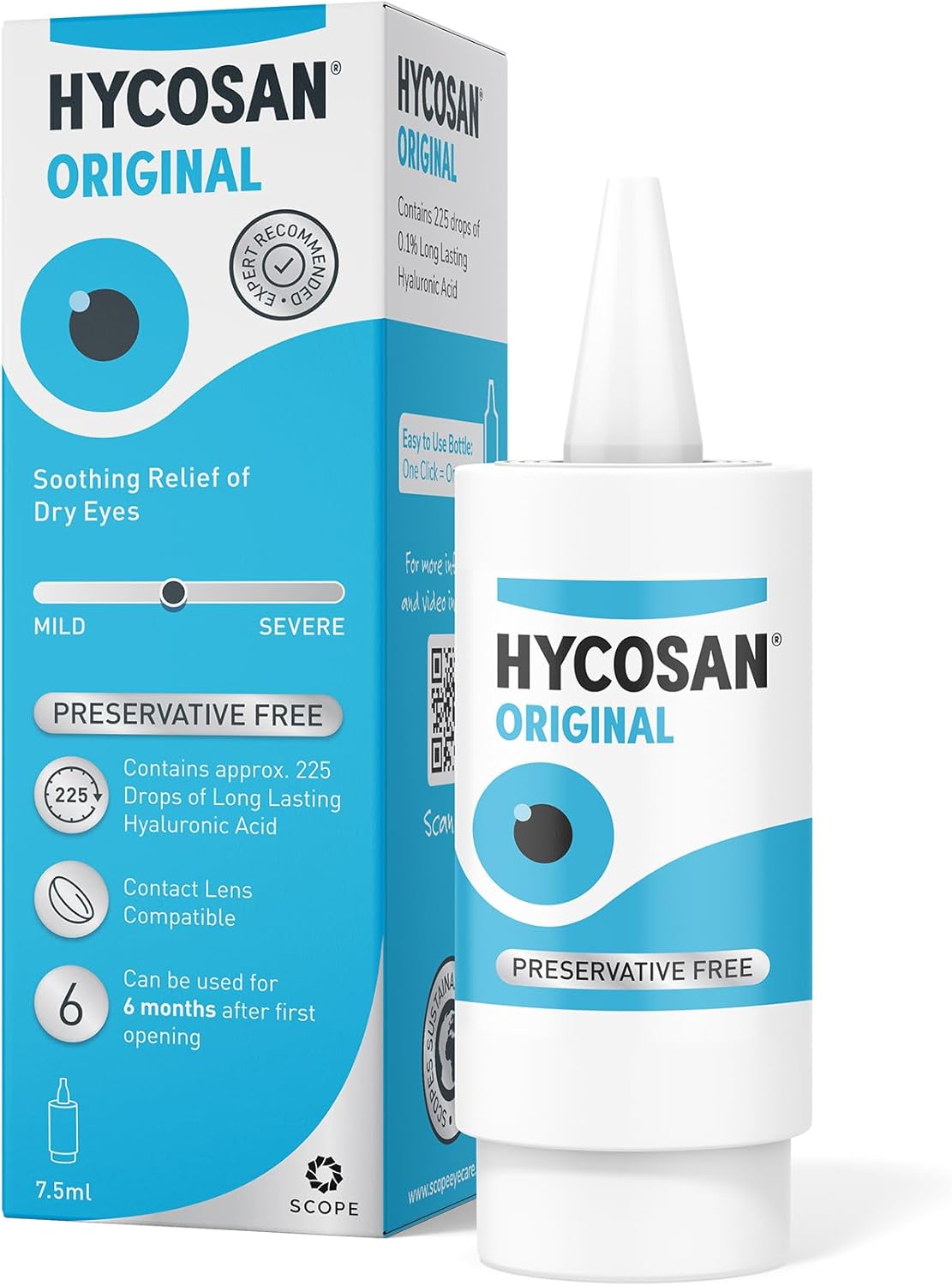 Hycosan Original - Preservative Free Eyedrops - Sodium Hyaluronate 0.1% - Eye Drops for Mild to Moderate Dry Eyes and Contact Lens Irritation - 7.5ml
