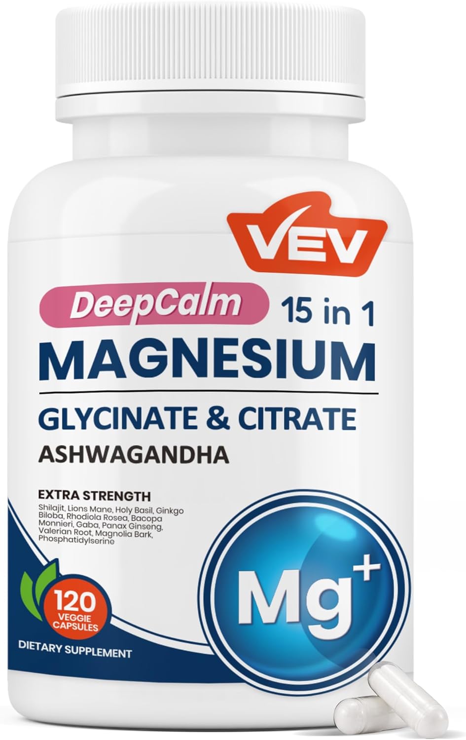 VEV DeepCalm 15 in 1 Magnesium Glycinate & Citrate Complex Capsules, Cortisol Supplements for Women – Easy to take Formula with Ashwagandha & L-Theanine, 120 Vegan Capsules