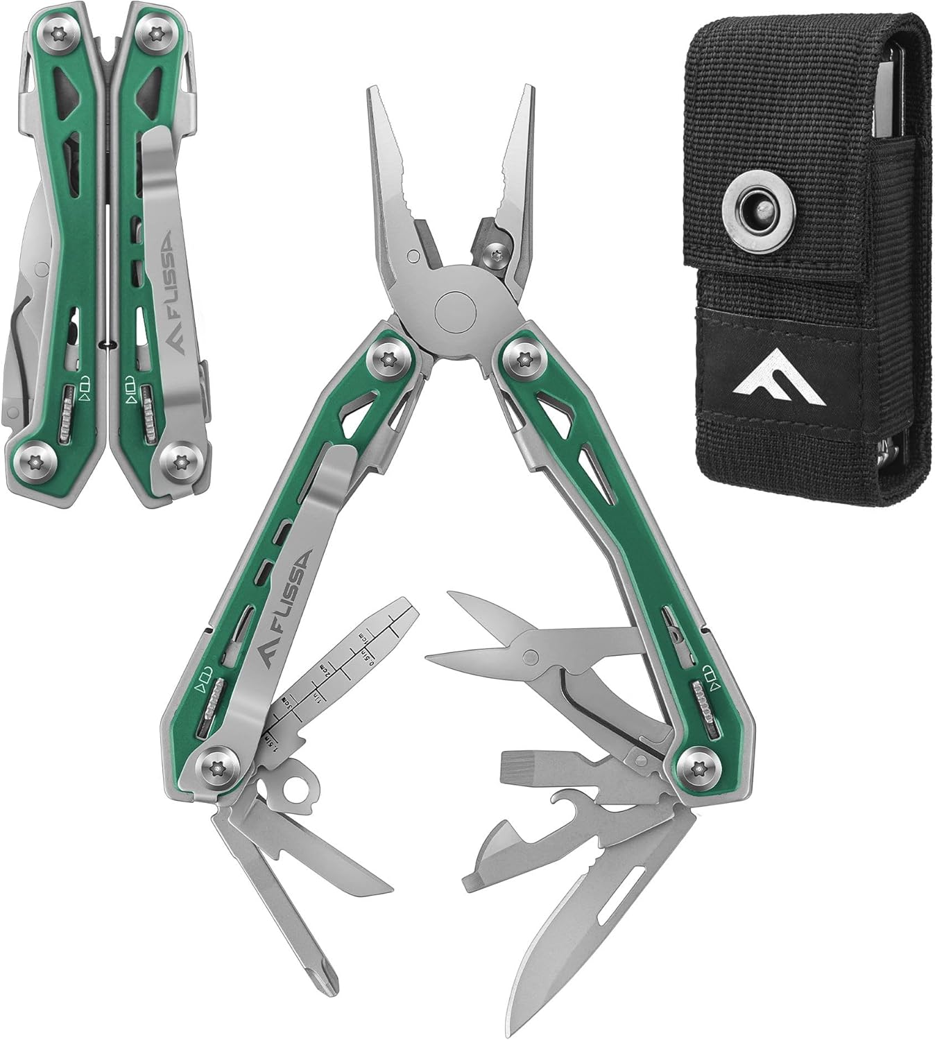 FLISSA Multi-Tool Pliers 16-in-1 with Sheath, Multi-Tool with Carry Bag,Stainless Steel Multifunctional Tool with Wire Cutter, Bottle Opener, Screwdriver, Belt Clip for Camping Maintenance (Green)