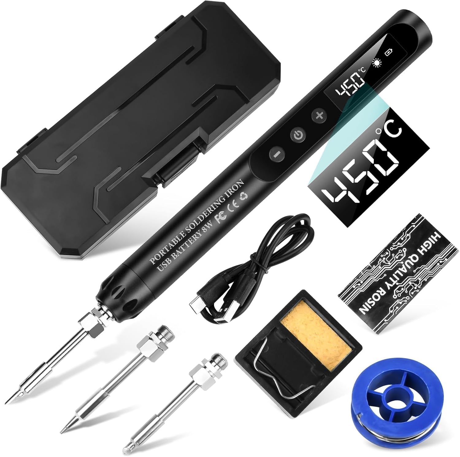 diymore USB-C Soldering Iron Kit, Portable Cordless Soldering Iron with LCD Display, Temperature Adjustable 200°C - 450°C, with 3 Tips for Electronics Repair, Jewelry Making, DIY Projects - Black