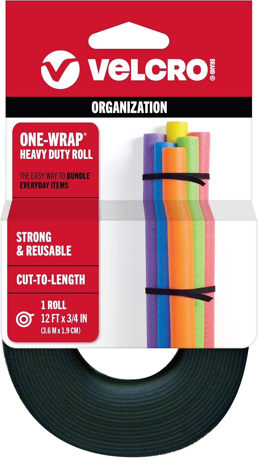 VELCRO Brand - ONE-WRAP Roll, Double-Sided, Self Gripping Multi-Purpose Hook and Loop Tape, Reusable, 12' x 3/4" Roll - Black