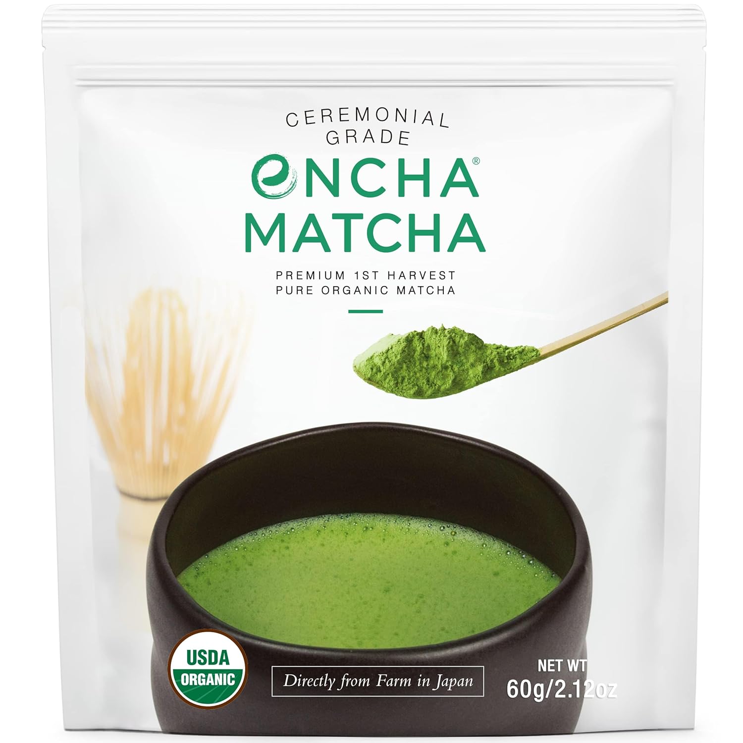 Encha Ceremonial Grade Matcha Powder - Organic First Harvest Japanese Matcha Green Tea, Matcha Tea From Uji, Japan (60g/2.12oz)