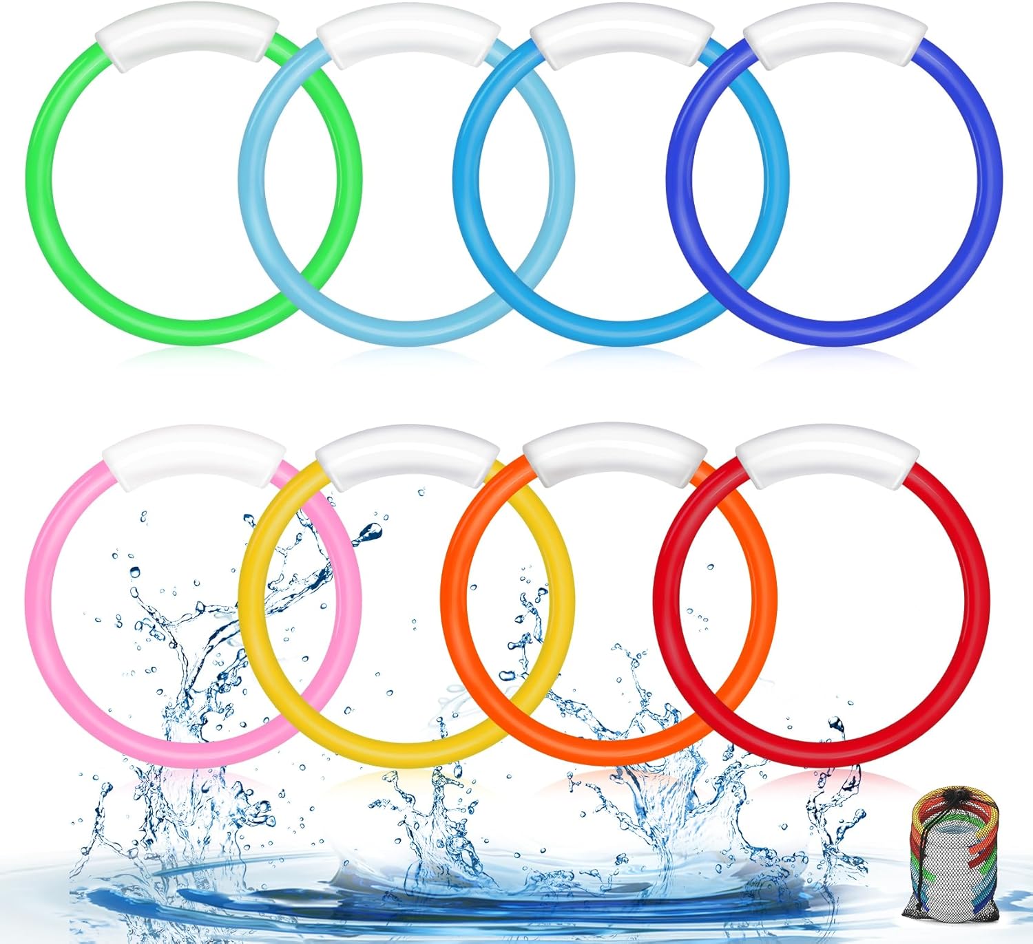 8 Pcs Diving Pool Toys, Underwater Training Pool Rings for Kids Colorful Pool Sinking Toys with Storage Bag Swimming Pool Dive Toy for Kids Age 8-12 Party Favor
