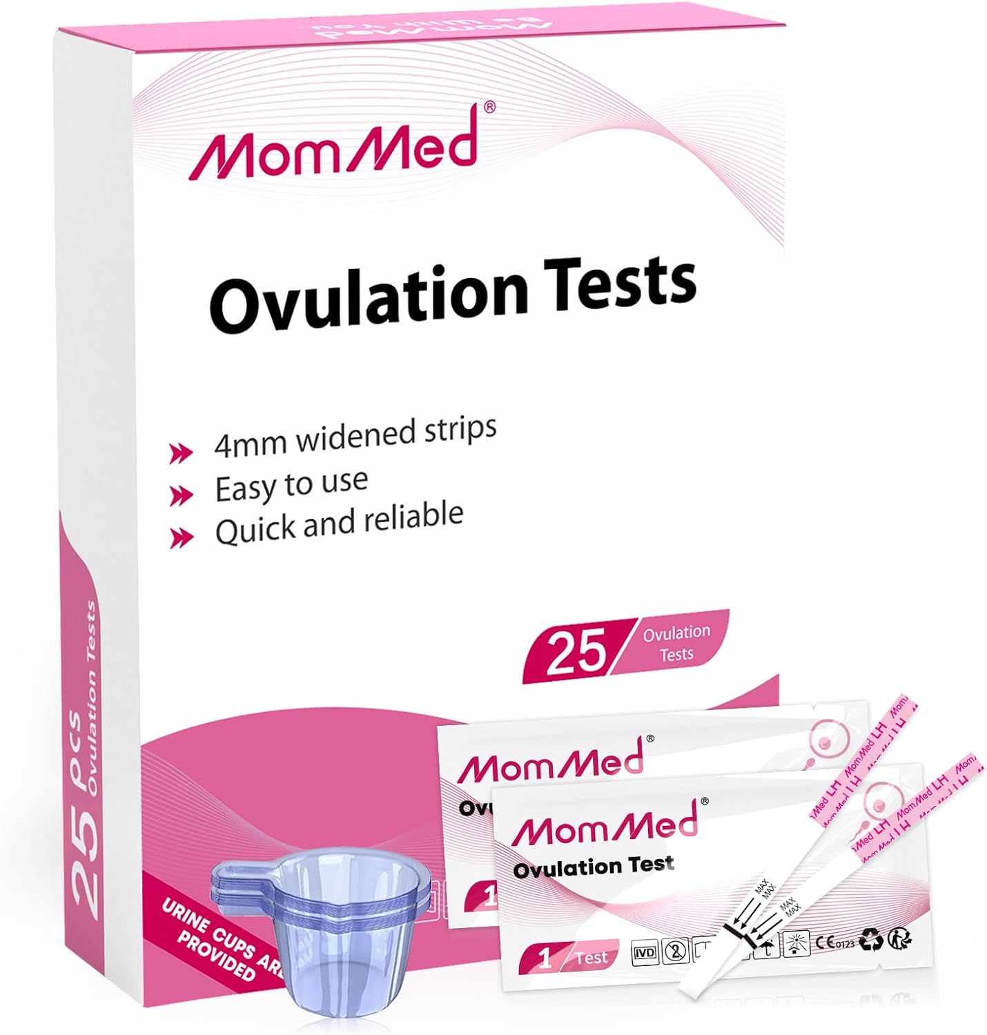 MomMed Ovulation Test Strips (LH25) with 25 Collection Cups, Reliable LH Surge Predictor OPK Kit, Accurately Track Ovulation Test, High Sensitivity Result for Women Home Testing, Pink