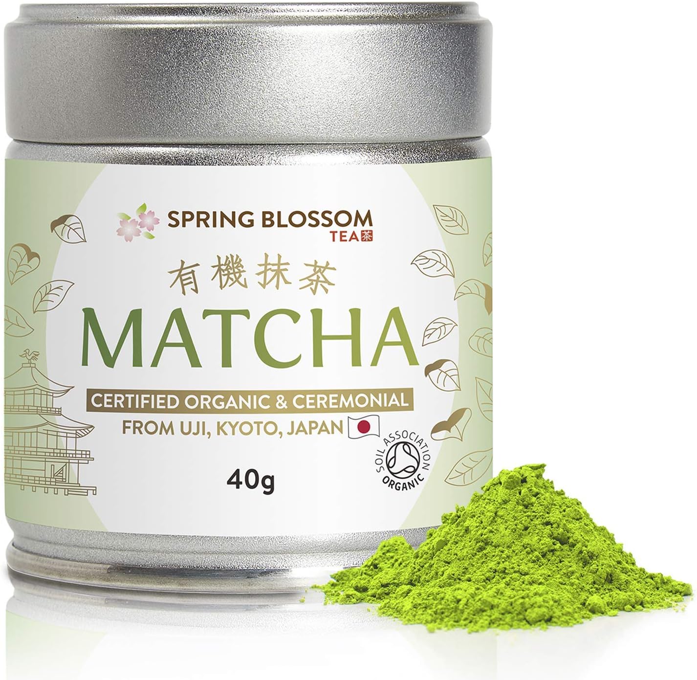 40g Organic Matcha Green Tea Powder Japanese Ceremonial Grade from Uji, Kyoto, First Harvest Stone-Ground, UK Soil Association Certified, Natural Energy & Focus, Vegan, Detox Superdrink, Large 40g Tin