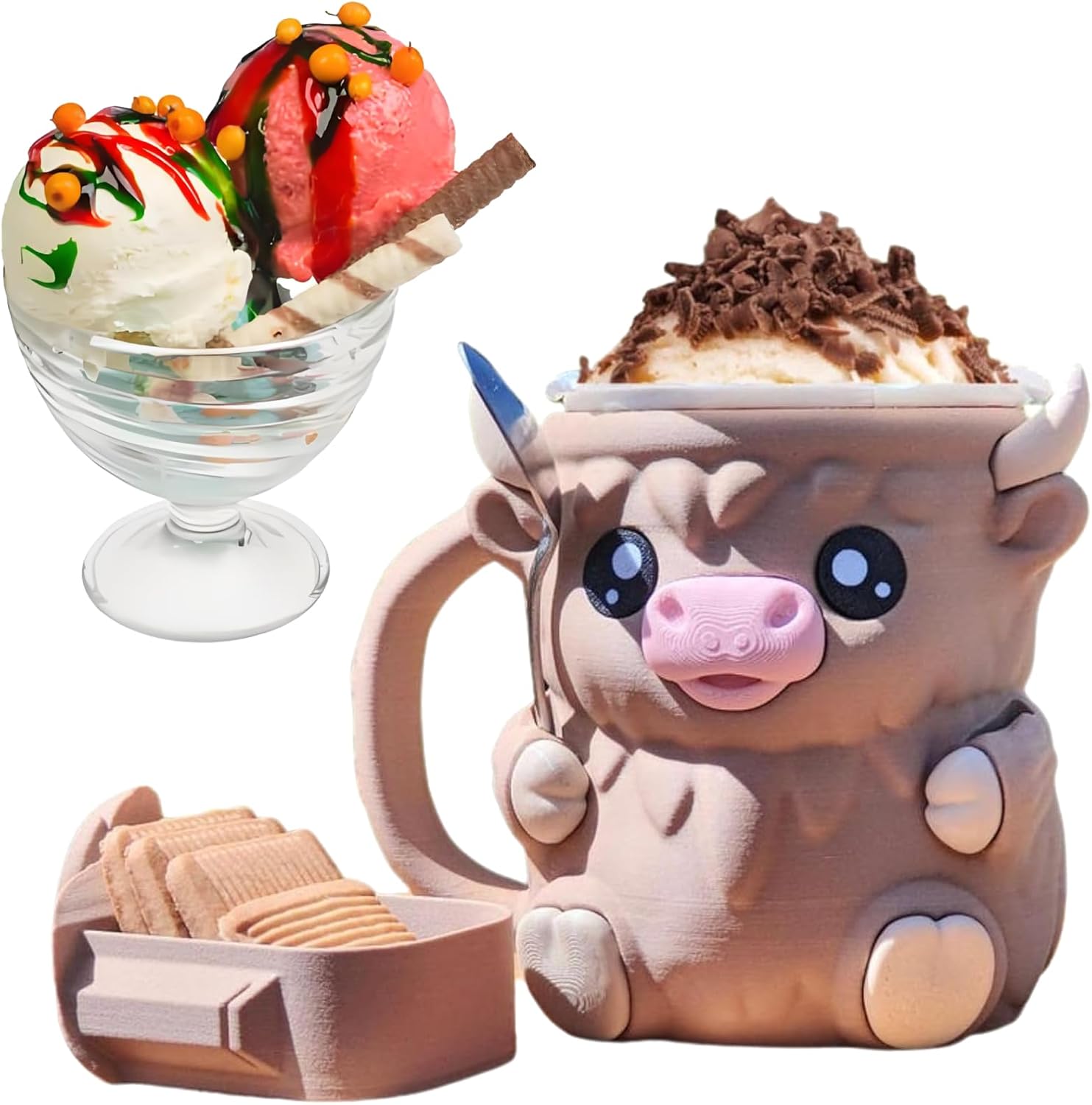 Highland Cow Ice Pint Holder,Ice Cream Pint Sleeves Cover with Spoon & Handle,Cute Animal Ices Creams Cooler Container Leak Proof Popsicle Cozy, Highland Cow Lover Gifts (Light brown + two spoons)