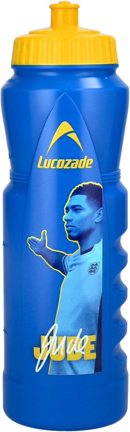 Lucozade Sport x Jude Bellingham England Football 1L Sports Water Bottle – leak proof, with sports cap & measuring strip, in yellow & blue