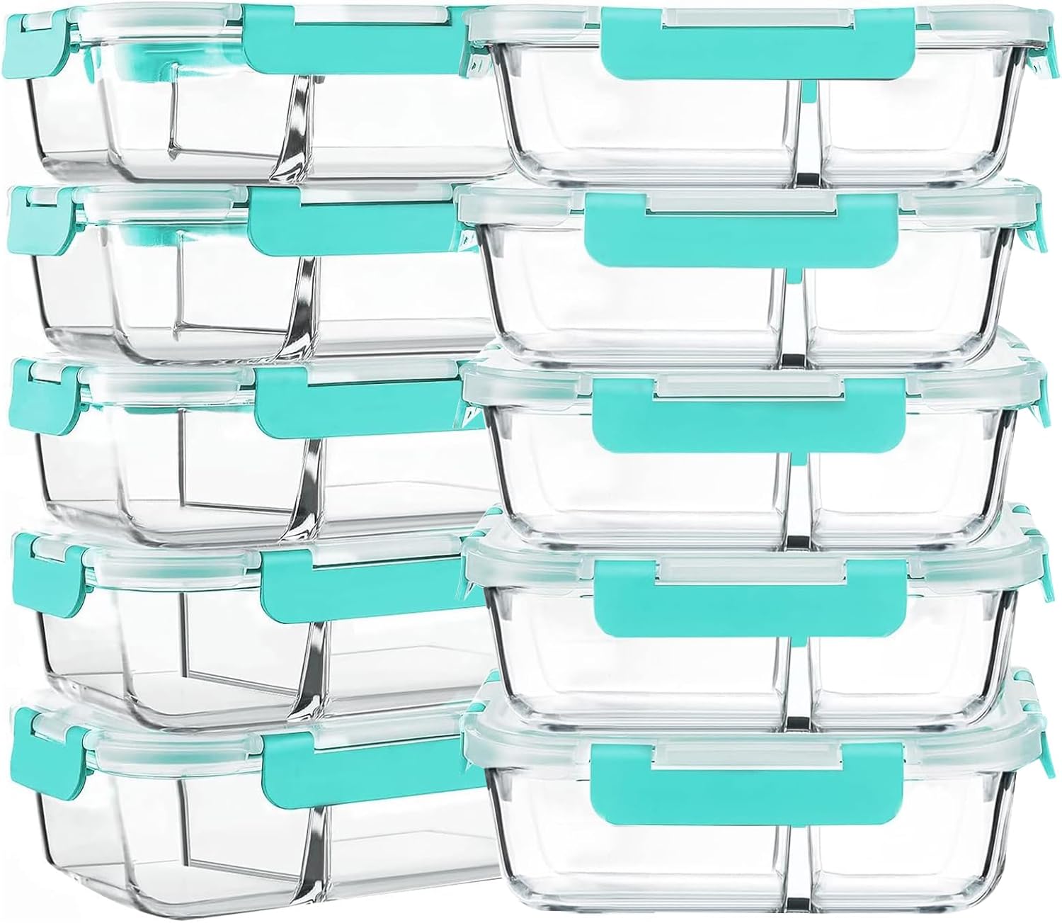 M MCIRCO 10-Pack,30 Oz Glass Meal Prep Containers 2 Compartments Airtight Lunch Bento Boxes with Lids, Glass Food Storage Containers, Microwave, Oven, Freezer and Dishwasher, Green