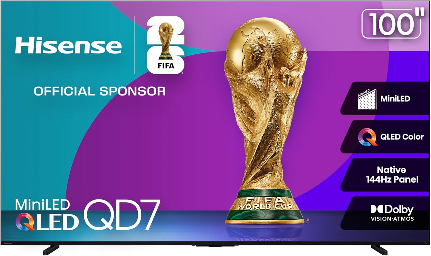 Hisense 100" Class QD7 Series Mini-LED 4K UHD Smart Fire TV (100QD7QF, 2025 Model) - QLED, 144hz, HDR10+, Dolby Vision, Dolby Atmos, Game Mode Pro, ALLM, Alexa Built in with Voice Remote, MEMC