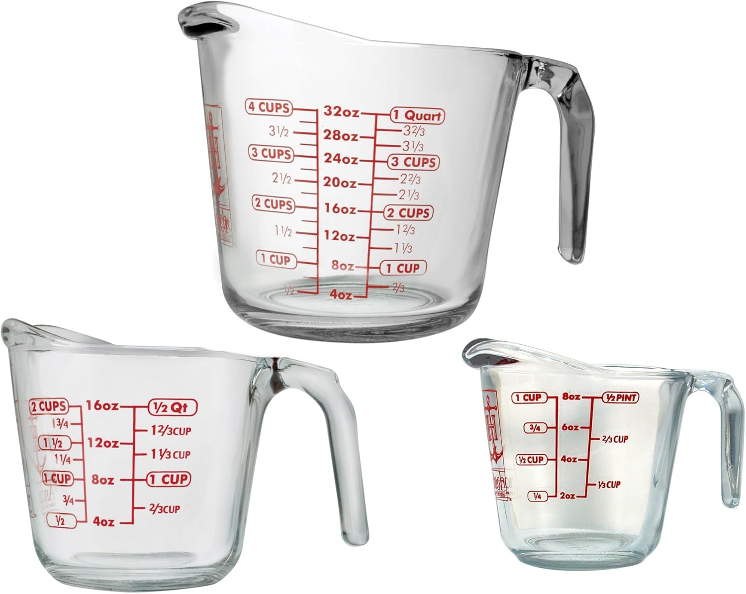 Anchor Hocking Glass Measuring Cups, 3 Piece Set (1 Cup, 2 Cup, 4 Cup liquid measuring cups)