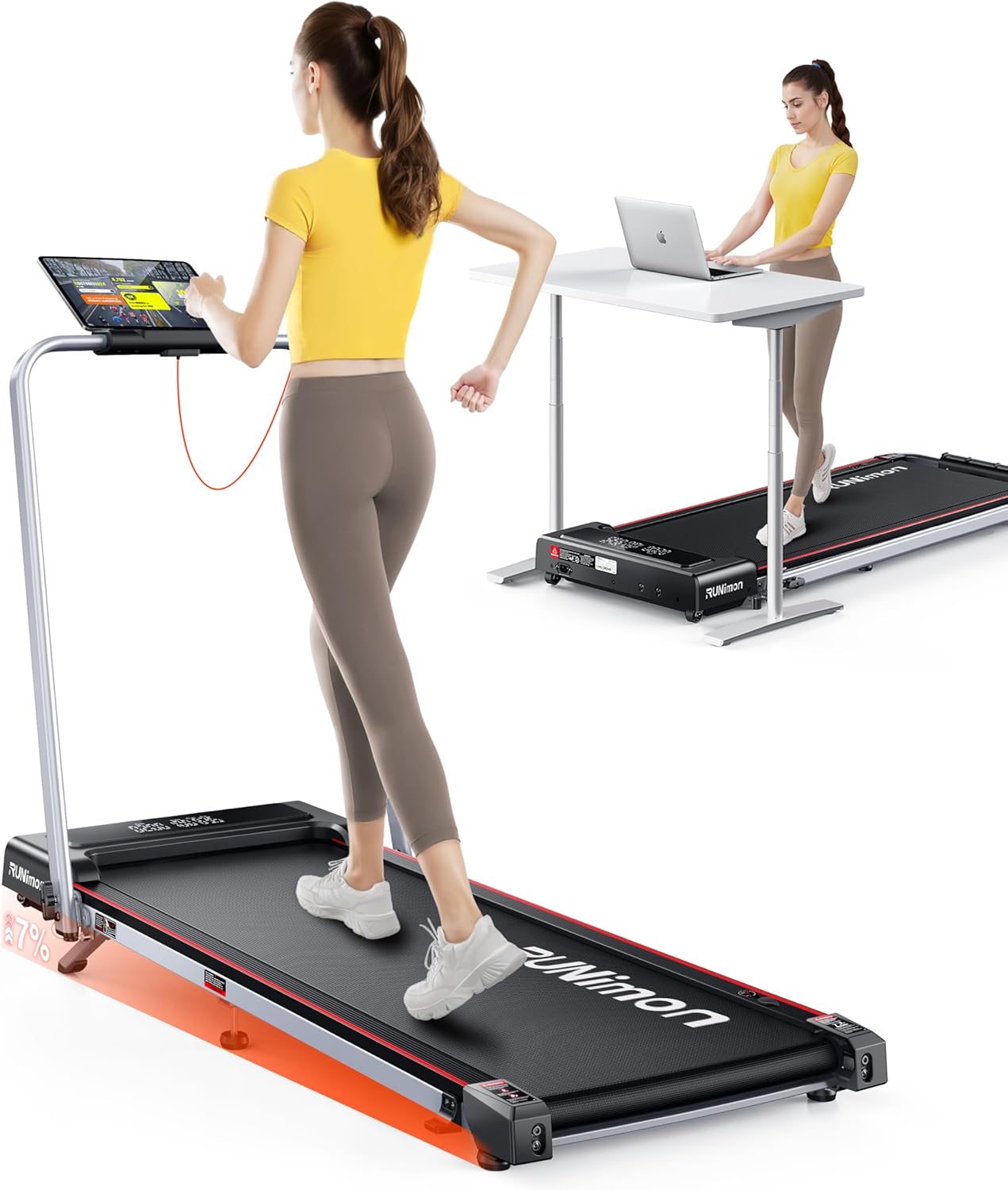 6 in 1 Folding Treadmill with 7% Incline, RUNIMON Walking Pad Treadmills for Home Foldable, 2.5HP Under Desk Running Pad Walk Pads Treadmill 1-12KM/H with LED Display, Magnetic Remote&APP Control
