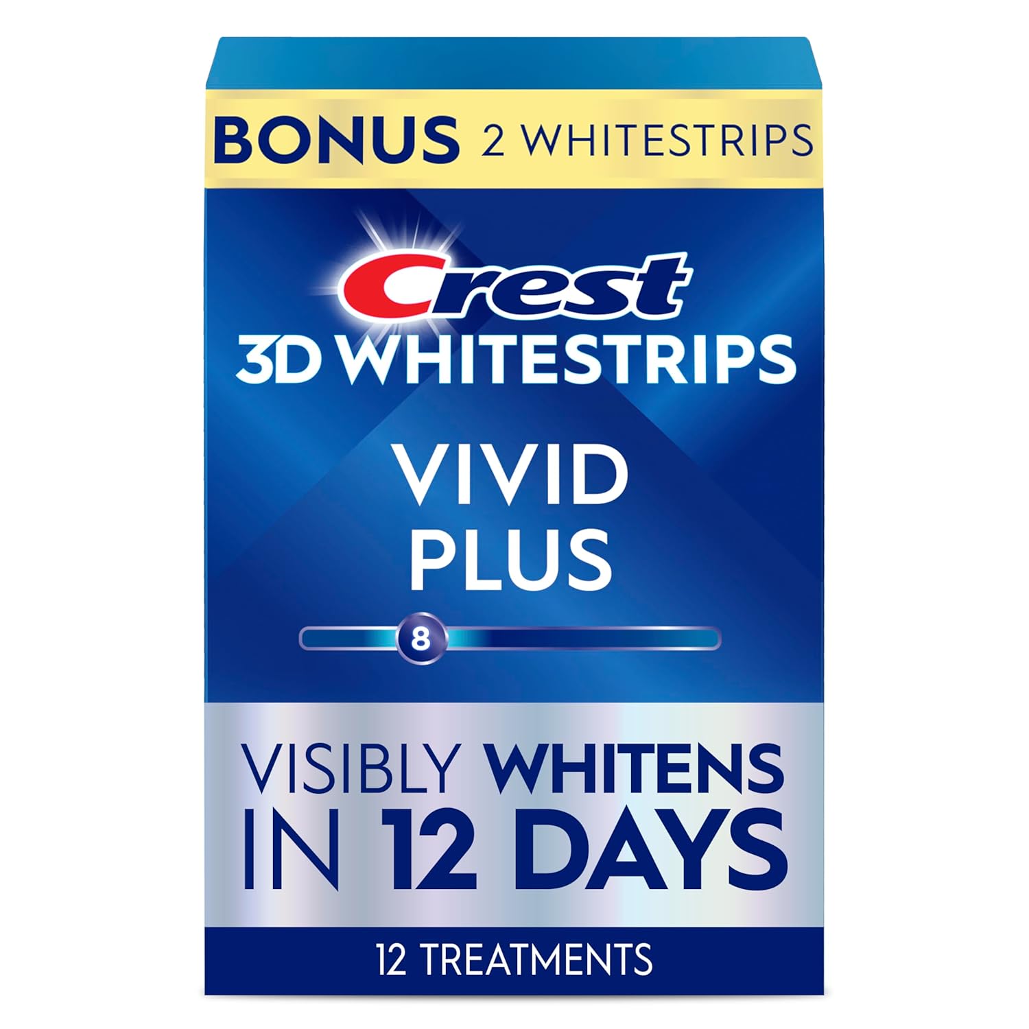 Crest 3D Whitestrips Vivid Plus, Teeth Whitening Strip Kit, 10 Treatments + 2 Bonus Treatments (Each with 1 Upper/1 Lower Strip), 24 Strips, 8 Levels Whiter, Teeth Whitening Kit