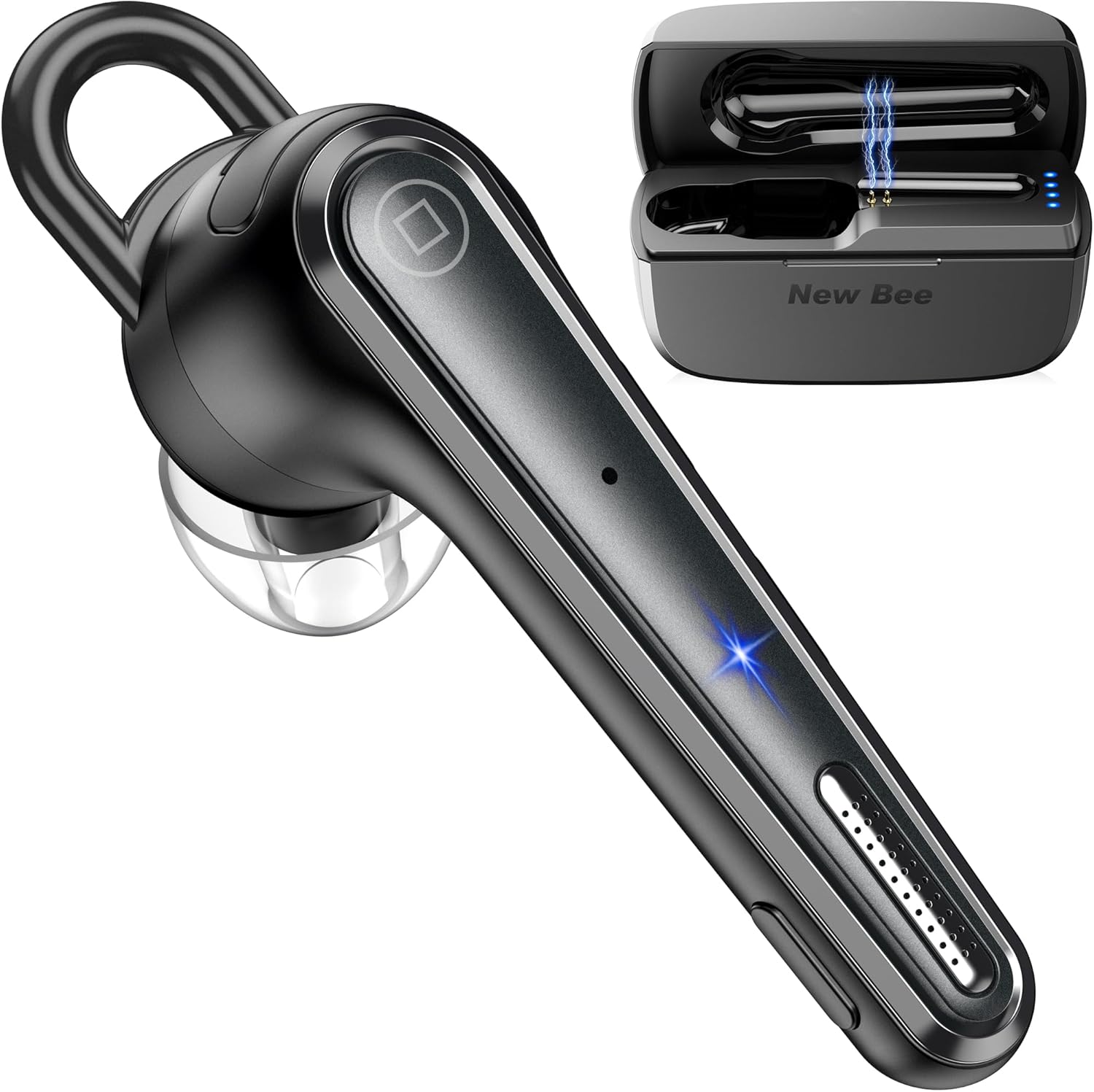 New bee Bluetooth Headset V5.1 Dual ENC Mic Bluetooth Earpiece Handsfree with 500mAh Charging Case 50Hrs Play Time Hands Free Headset for Driving/Business/Office with Android iOS Laptop