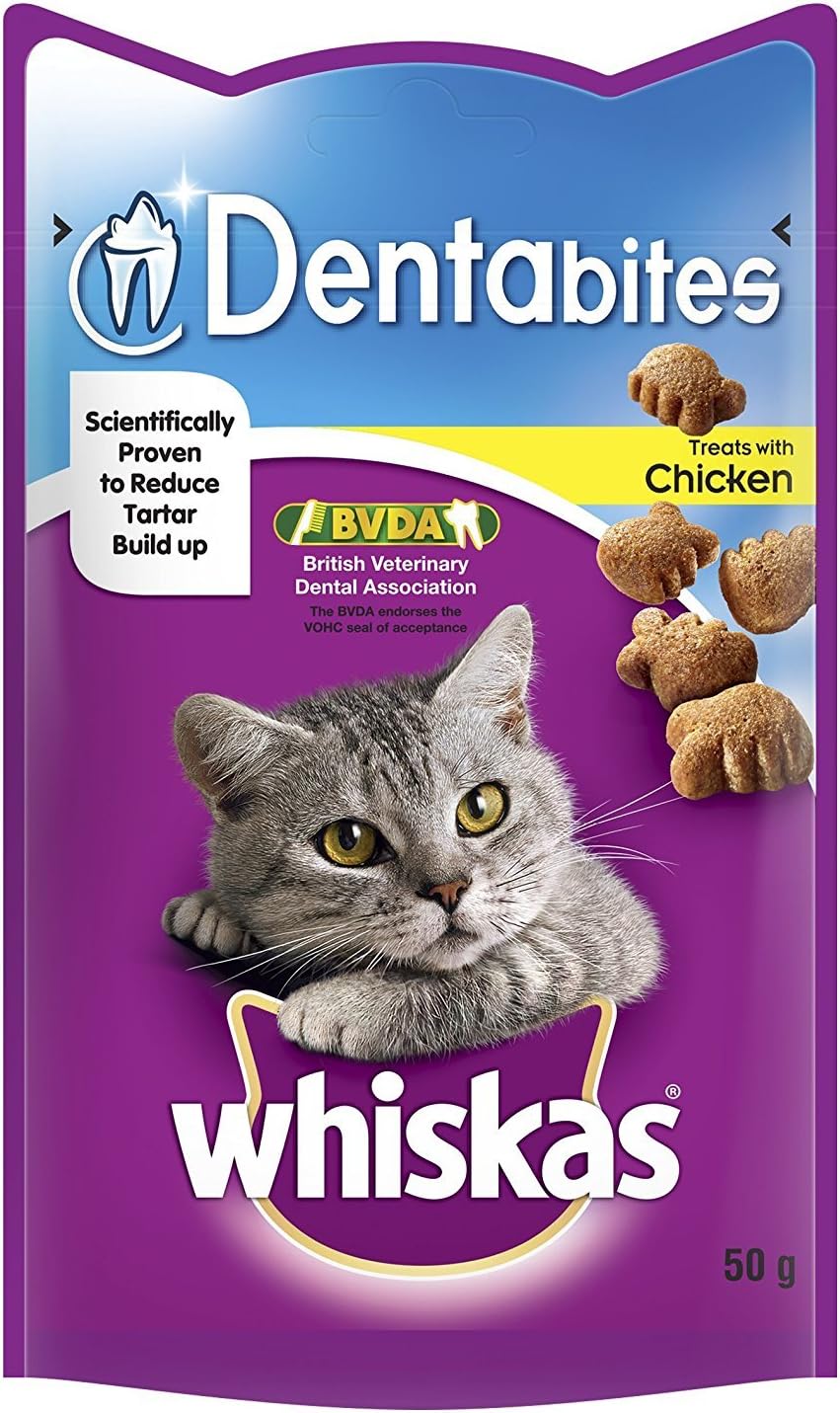 WHISKAS Dentabites Cat Dental Treats for Oral Care, Reduce Build up and Help Control Tartar with Delicious Chicken, 8 x 50 g.