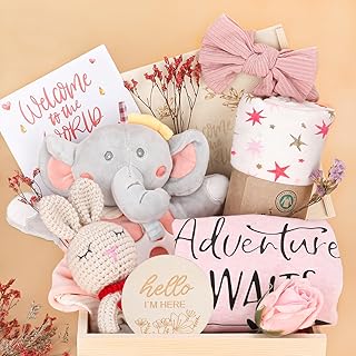 Baby Girl Gifts,Baby Shower Gifts for Girls,New Born Baby Girls Gift,Baby Girl Gift Basket,Unique Baby Gift Essential Stuff,Gender Reveal Gifts,Rattle Swaddle Blanket Baby Girl Gifts