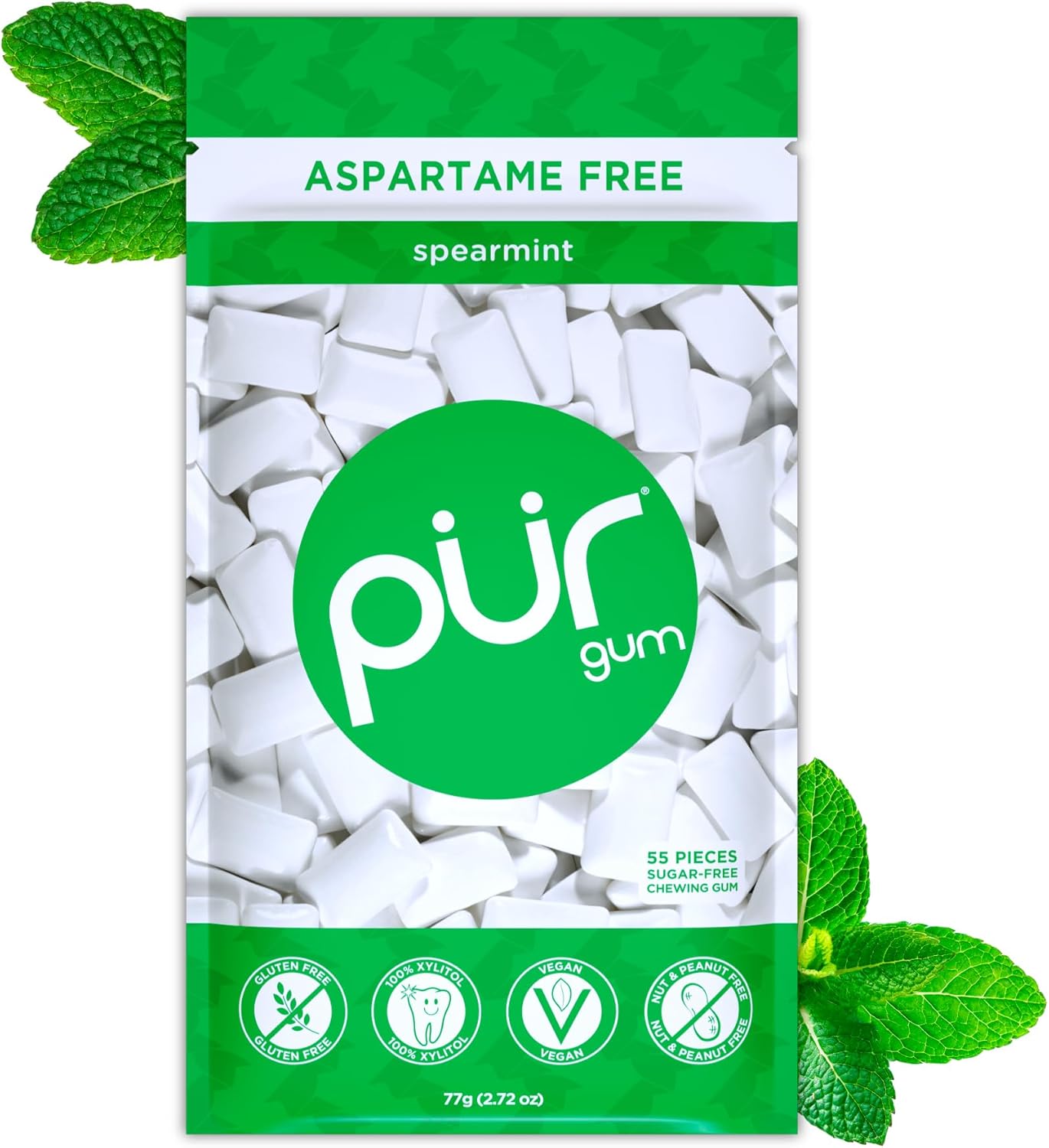 PUR Gum | Sugar Free Chewing Gum | Made with Xylitol | Vegan, Aspartame Free, Gluten Free & Keto Friendly | Natural Spearmint Flavoured Gum, 55 Pieces (Pack of 1)