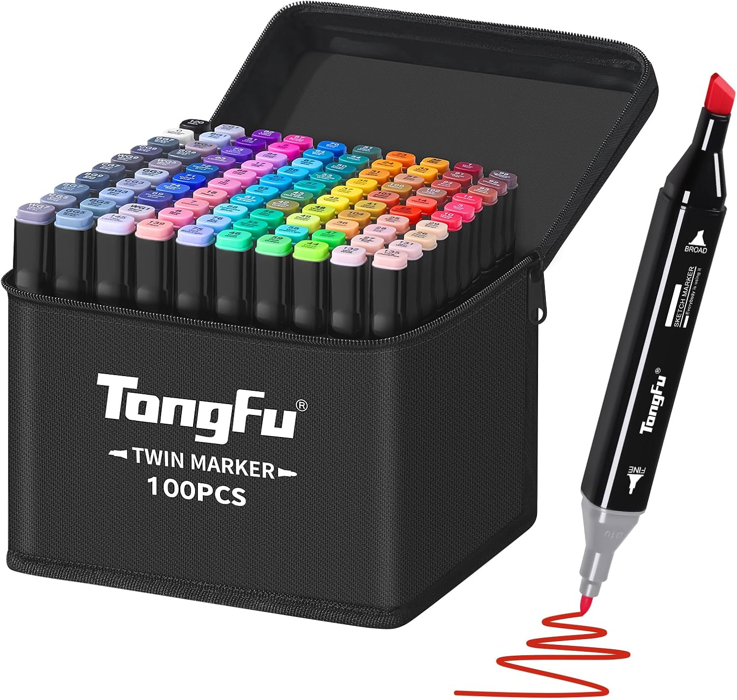 TongFu 100 Colored Marker Set, Colouring Pens for Adults, Dual Tip Art Markers, Felt Tip Permanent Pens for Drawing, Colouring Books, Anime and Manga with Carrying Case and Storage Base
