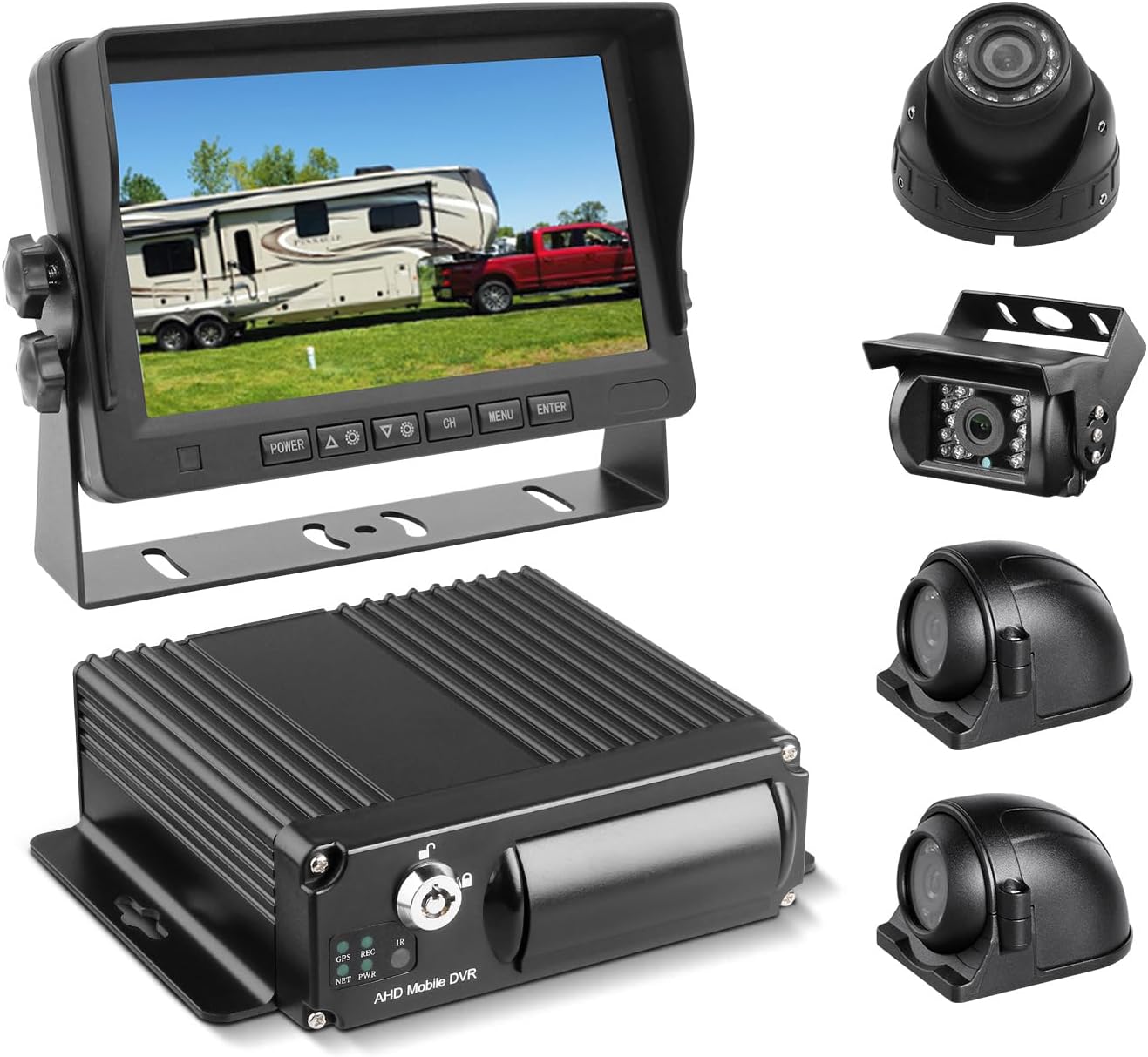 4 Channel 1080P H.265 Dual 512 GB Vehicle Car Mobile DVR System Video Recorder Loop Record with IR Night Vision Waterproof Front Side Backup Camera and 7 inch VGA Monitor for RV Truck Bus Camper Van
