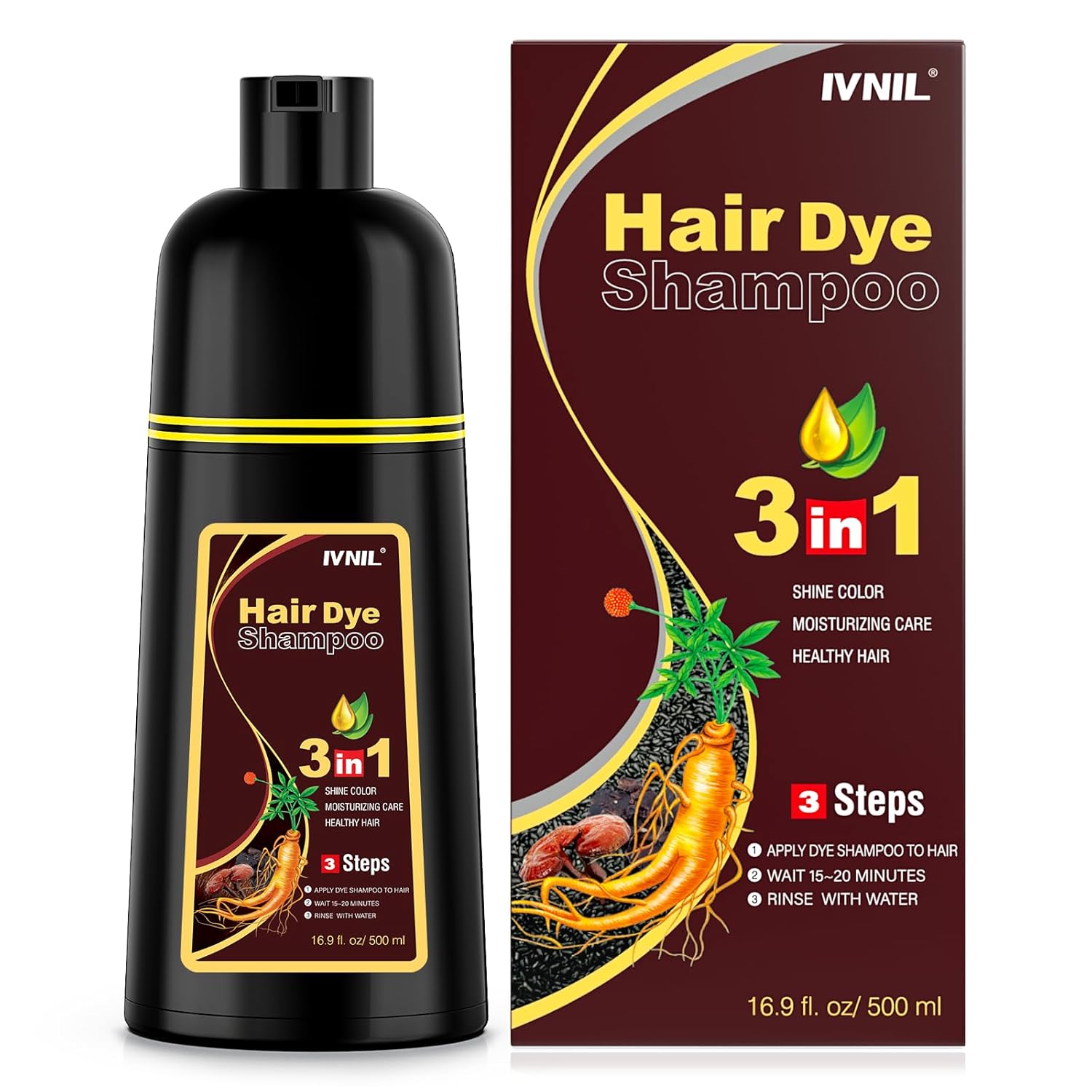 Ivnil Dark Brown Hair Dye Shampoo 3 in 1 for Women/Men Hair Color for Grey Coverage Seimi Permanent Instant Champu Para Canas Mujer for Men - Herbal Natural Dye Cover Gray