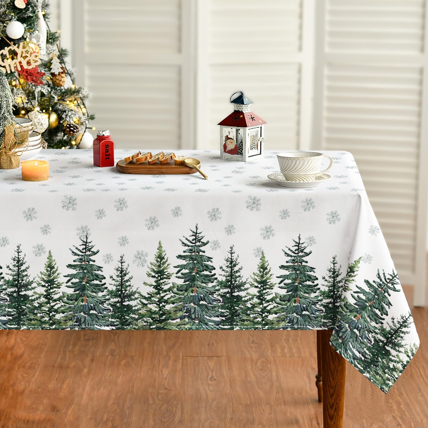 Artoid Mode Snowflakes Pine Trees Christmas Table Cloth, Rectangular 140x220 cm Winter Xmas Table Cover Protector For Party Home Table Decorations