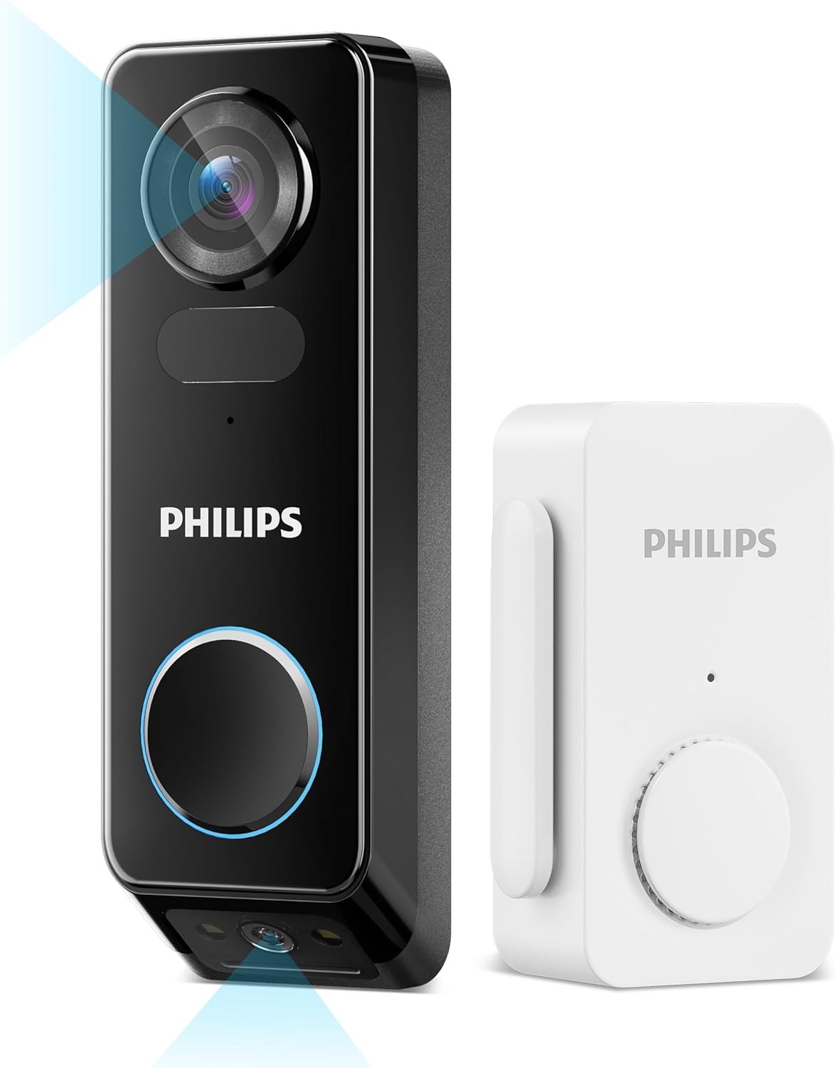 PHILIPS Security Video Doorbell Camera Wireless (Chime Included), No Monthly Fee, Dual Cameras 2K FHD with Motion Detection, 2-Way Audio, Supports Alexa & Google Assistant, Battery/Wired Powered