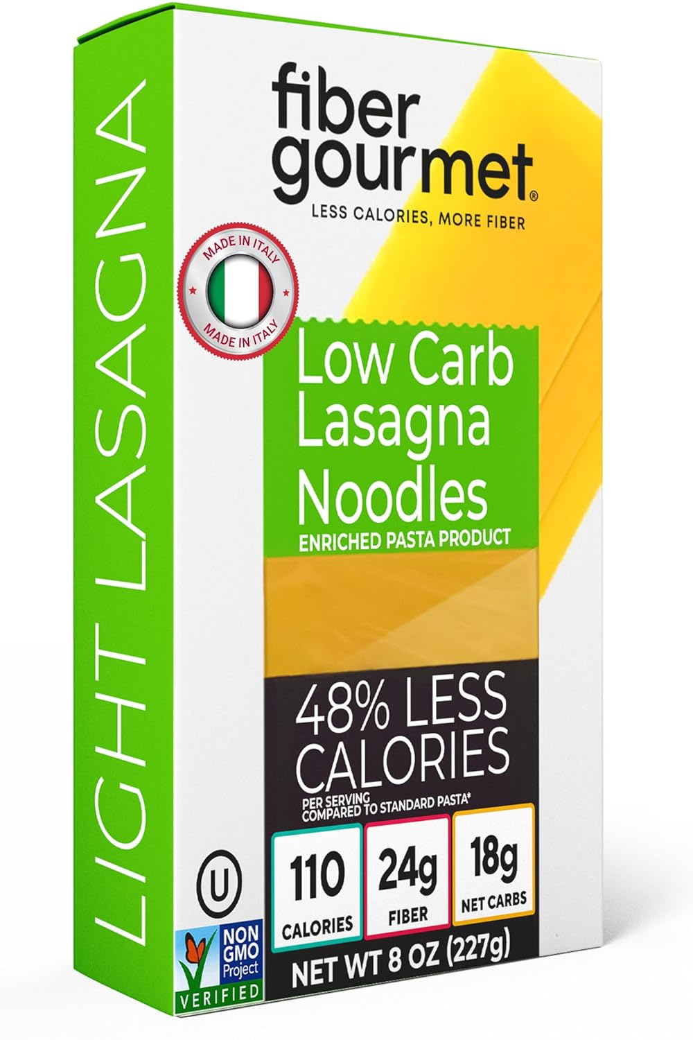 Fiber Gourmet Pasta - Light Lasagna Noodle - Low Net Carb, Fiber-Rich, Low Calorie, Healthy Pasta - Made in Italy, Kosher, Vegan, Non-GMO - 8 Oz