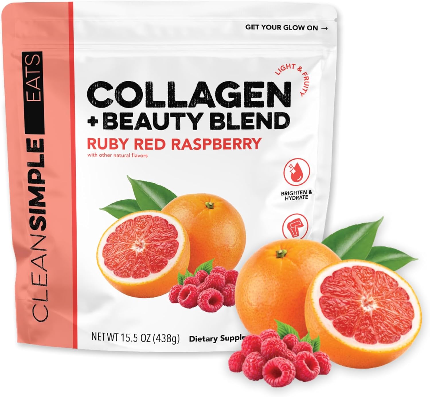 Clean Simple Eats Collagen Powder + Beauty Blend, Ruby Red Raspberry, Hydrolyzed Collagen Peptides from Grass Fed Bovine & Chicken, Hyaluronic Acid for Hair, Skin, Nail & Joint Support, 30 Servings