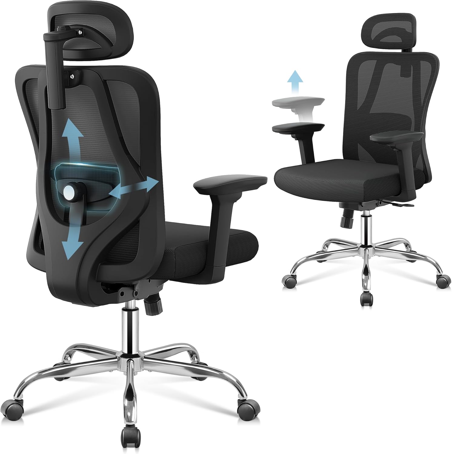 DEVAISE Ergonomic Office Chair Mesh Desk Chair High Breathable Back with 3D Headrest 4D Bouncing Armrests Swivel Computer Task Chairs for Home Office, Black