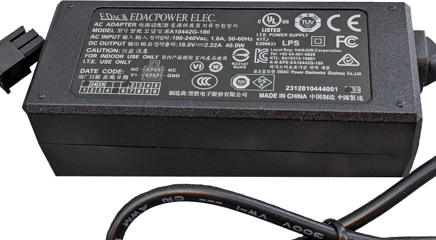 18V 2.22A 4-Prong AC/DC Adapter Compatible with Genuine EDAC Model EA10442G-180 for Kronos EA10442G-180 EA10442G180 8610002-001 Power Supply Cord Battery Charger Cable PSU