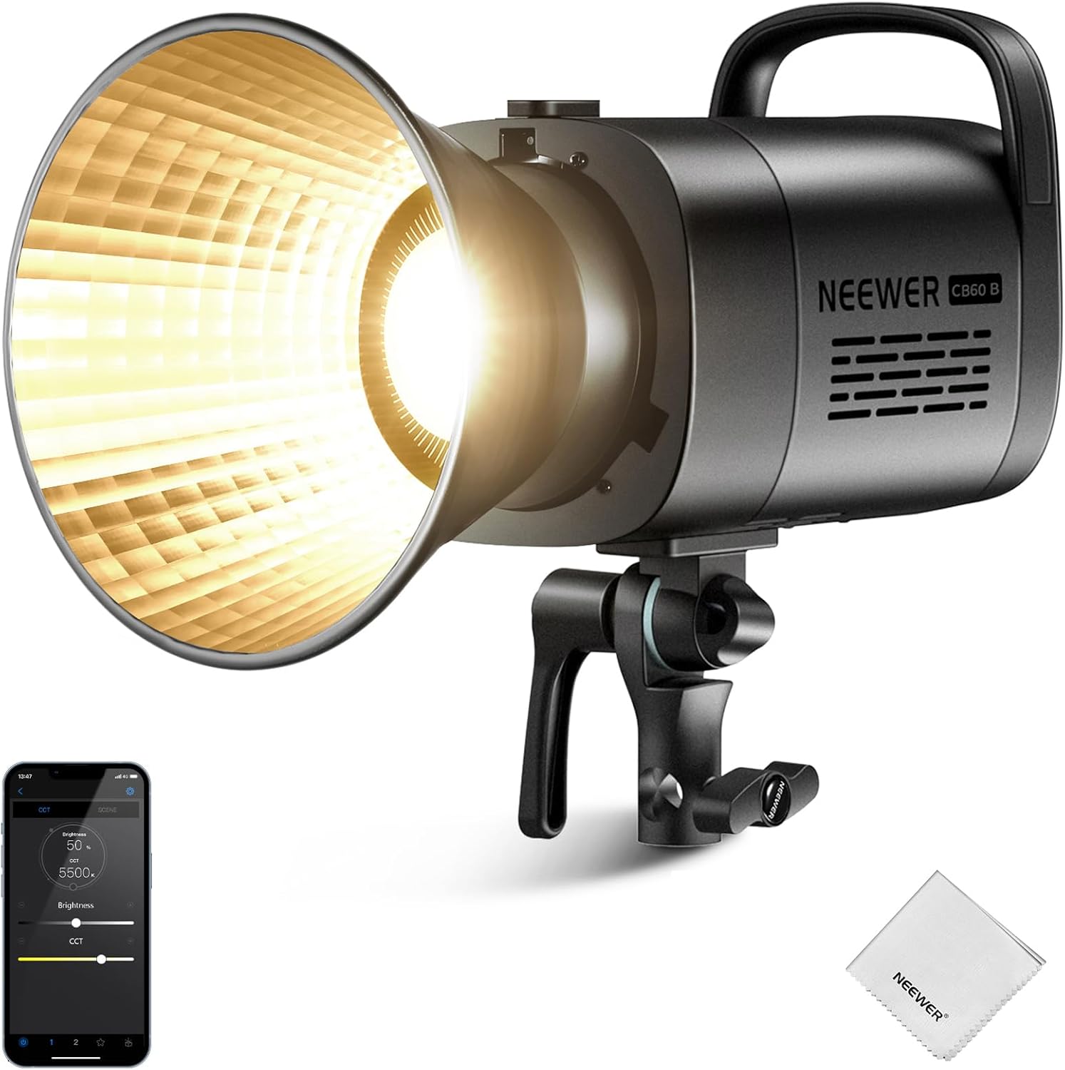 NEEWER CB60B 70W LED Video Light 2.4G/APP Control, Bi Color 2700-6500K 34000Lx CRI97+/12 Scenes/Bowens Mount COB Continuous Output Lighting with Cleaning Cloth for Studio Photography Video Recording