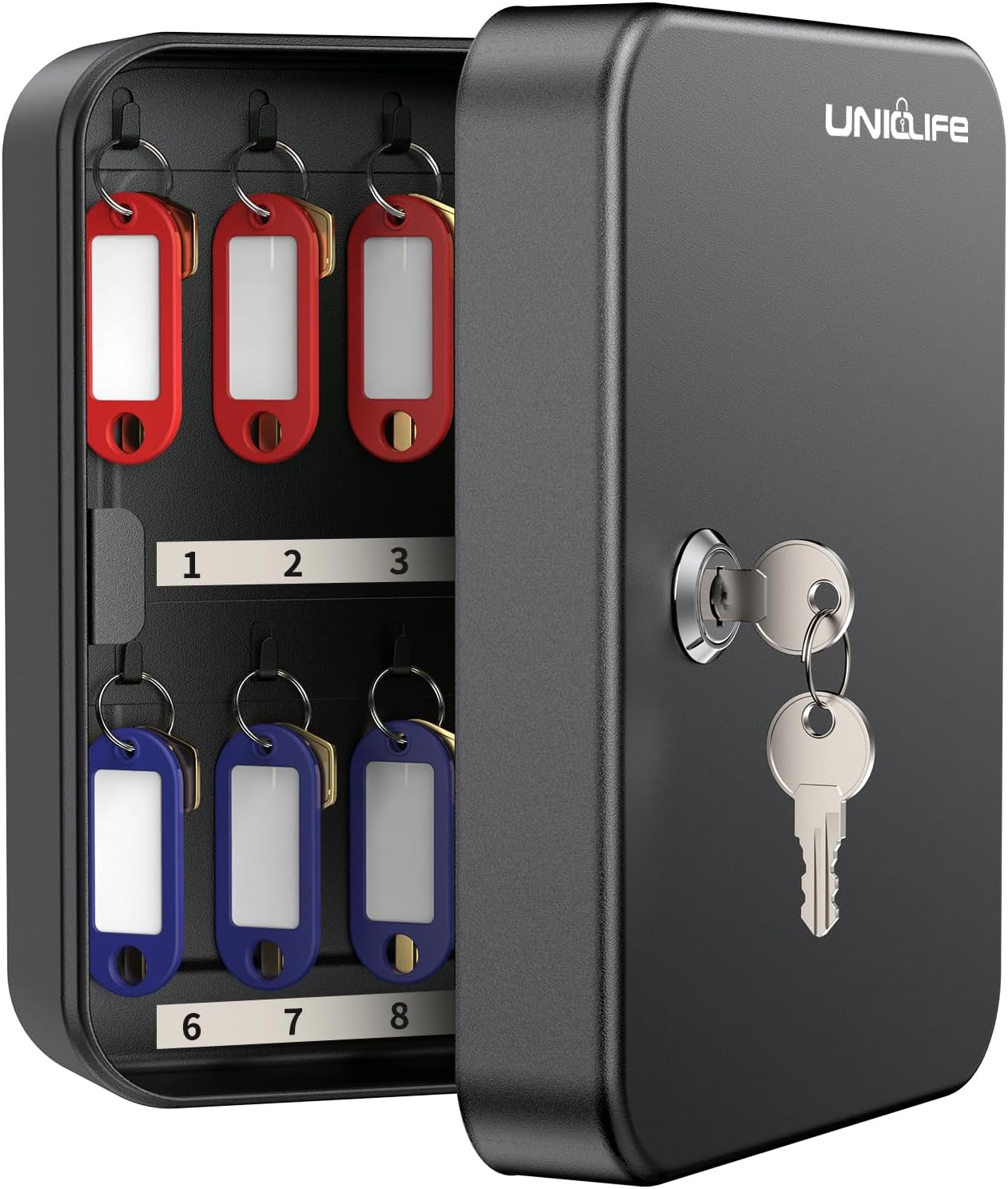 Uniclife 20 Position Key Cabinet with Key Lock Wall Mounted Black Security Storage Box Steel Key Organizer with Colorful Key Tag Labels Stickers and Hooks