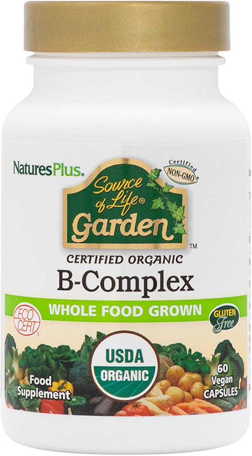 NaturesPlus Source of Life Garden Vitamin B Complex - Organic, Plant Extracted B Vitamins - Biotin, B6, Folate and Methyl B12 - Mood, Energy, Immune - Vegan, Gluten Free - 60 Capsules