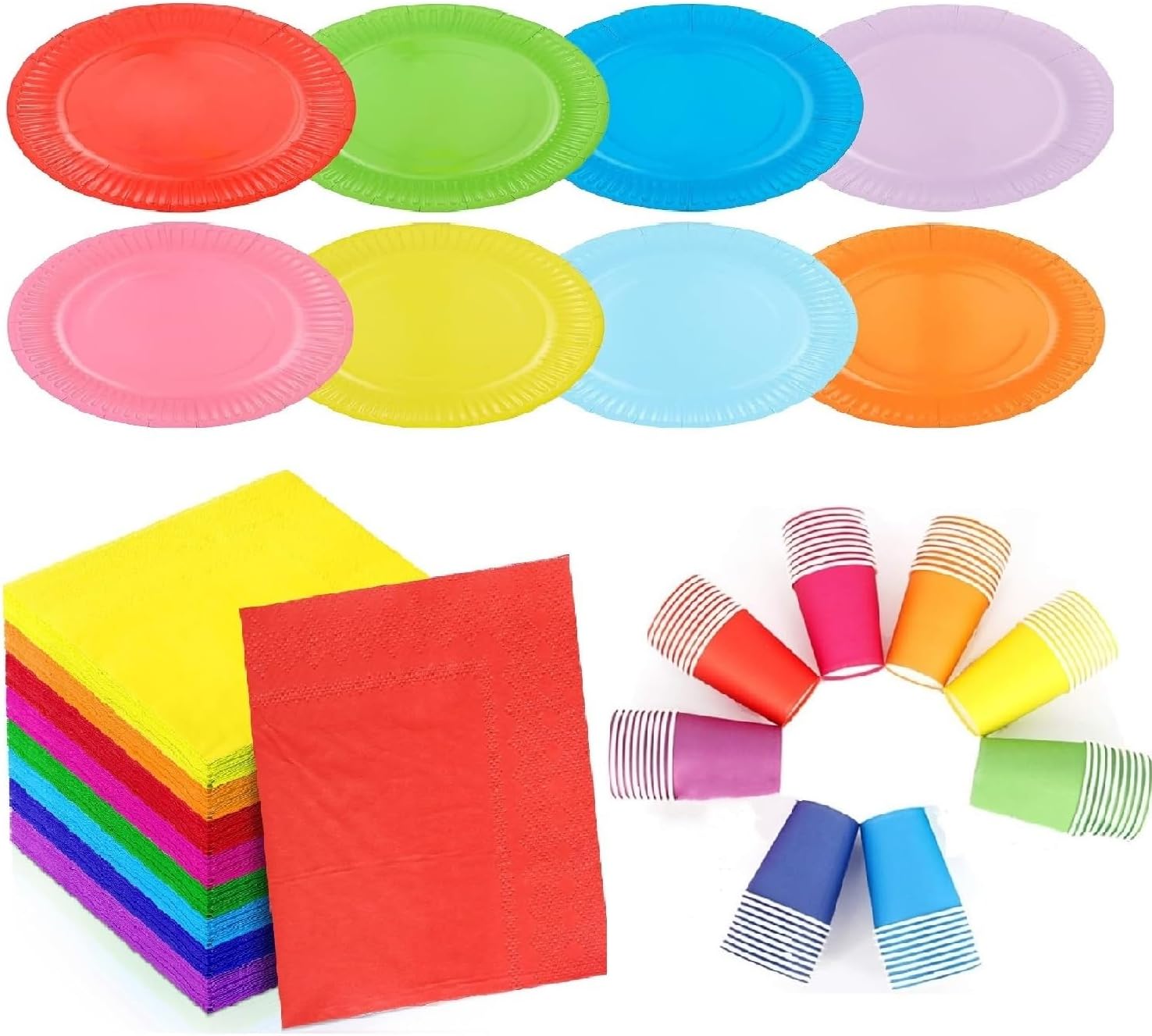 120Pcs Colorful Party Paper Plates, Colorful Rainbow Tableware Set, Paper Plates, Cups, Napkins, Disposable Party Supplies Pack for for Holiday Wedding Birthday Decorations