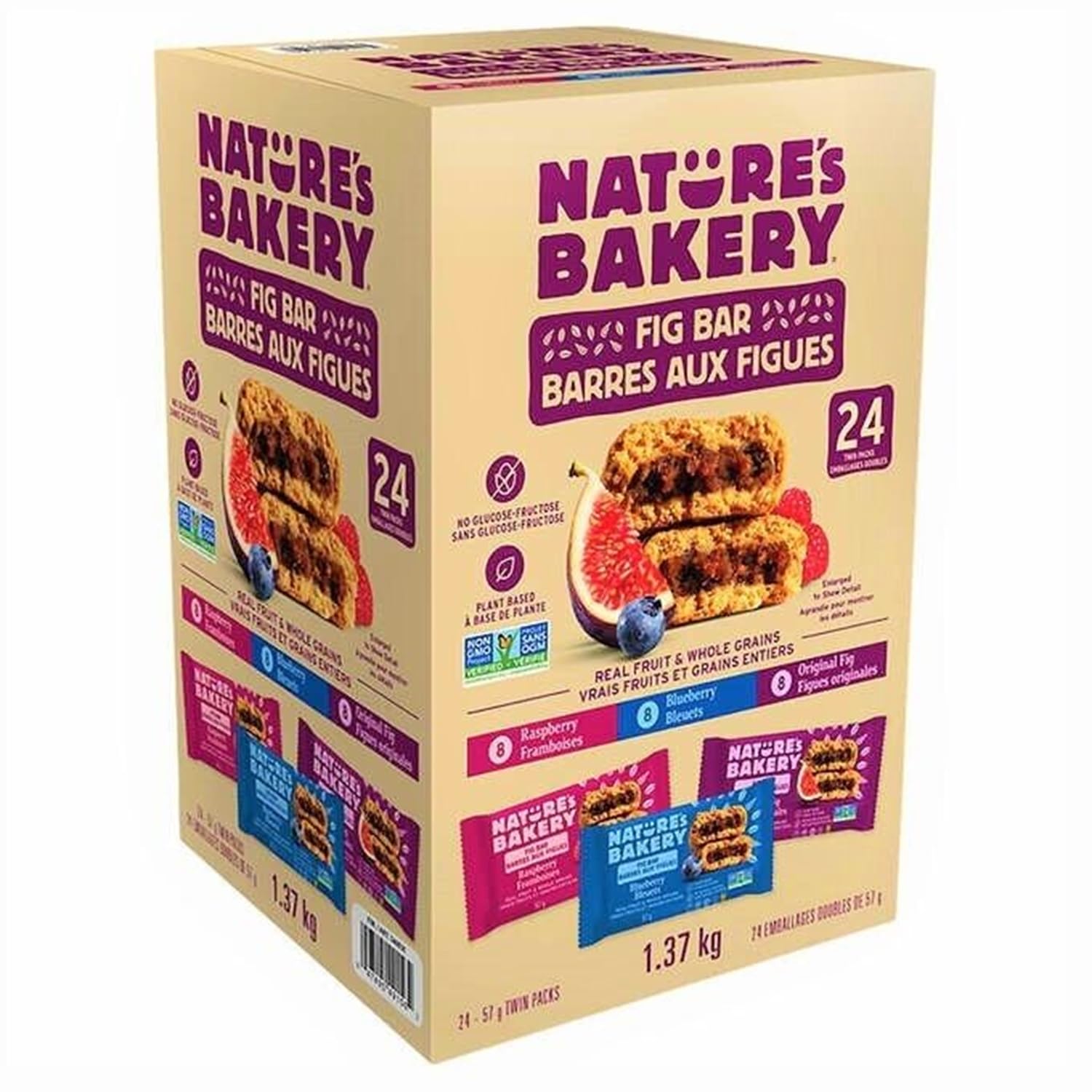 Nature's Bakery Whole Wheat Fig Bars, Variety Pack (8- Blueberry, 8- Original Fig, 8-Raspberry), 1- 24 Count Box of 2 oz Twin Packs (24 Packs), Vegan Snacks, Non-GMO