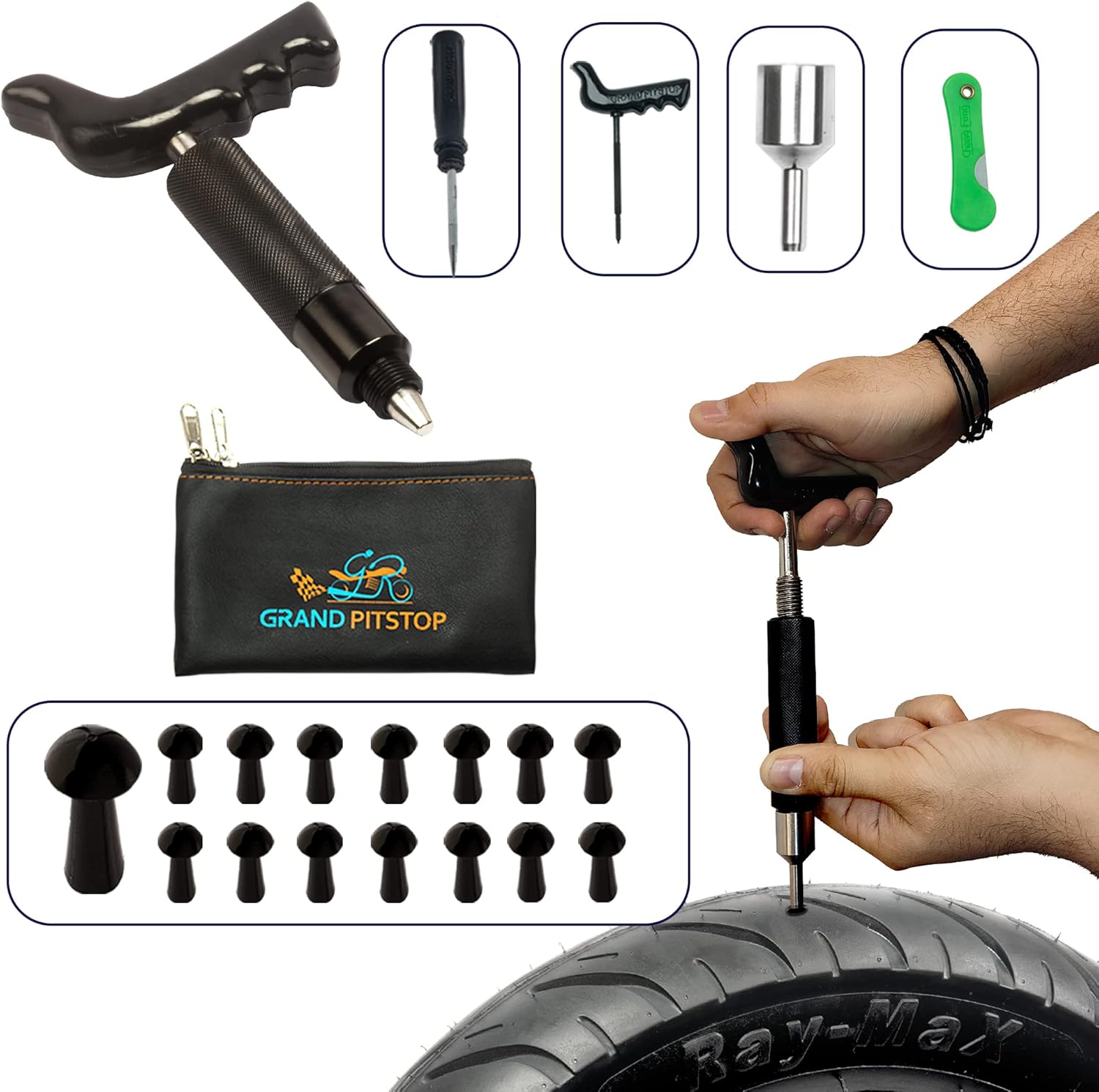 GRAND PITSTOP 20 Pcs Tubeless Tire Puncture Repair Kit with Mushroom Plug for Tyre Punctures and Flats on Cars, Motorcycles, ATV, Trucks & Tractors (15 Mushroom Plugs)