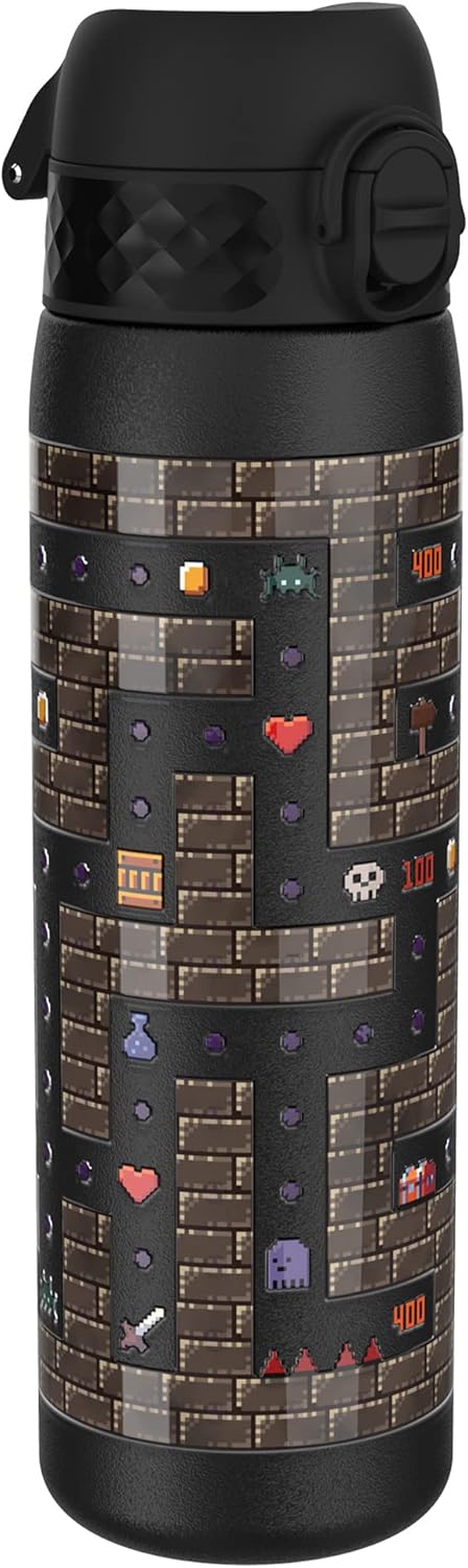 ION8 Steel Water Bottle, 600 ml/20 oz, Leak Proof, Easy to Open, Secure Lock, Dishwasher Safe, Flip Cover, Fits Cup Holders, Carry Handle, Durable, Scratch Resistant, Raised Print, Gaming Design