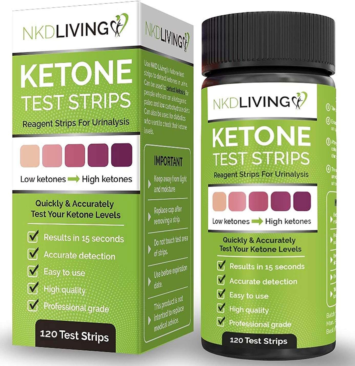 NKD Living Ketone Test Strips (120 Strips in 2 x 60 Keep Fresh Packs) Accurately Detect and Measure Your State of ketosis in Seconds.