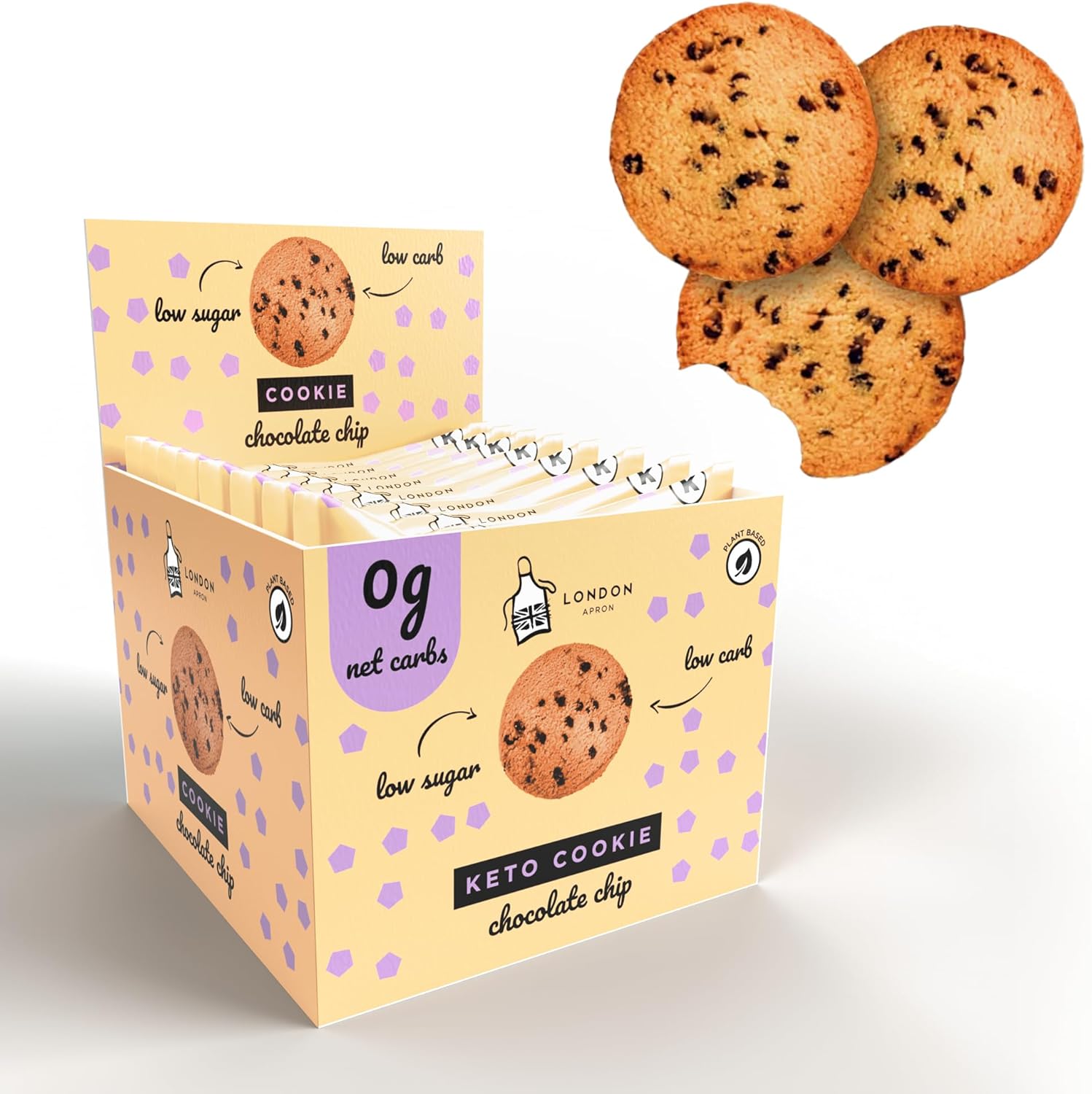 12 London Apron Keto Cookies – Soft Baked Chocolate Chip | 0 g Net Carbs • Low Carb Sugar Free Biscuits for Diabetics & Vegan Snack Made in UK