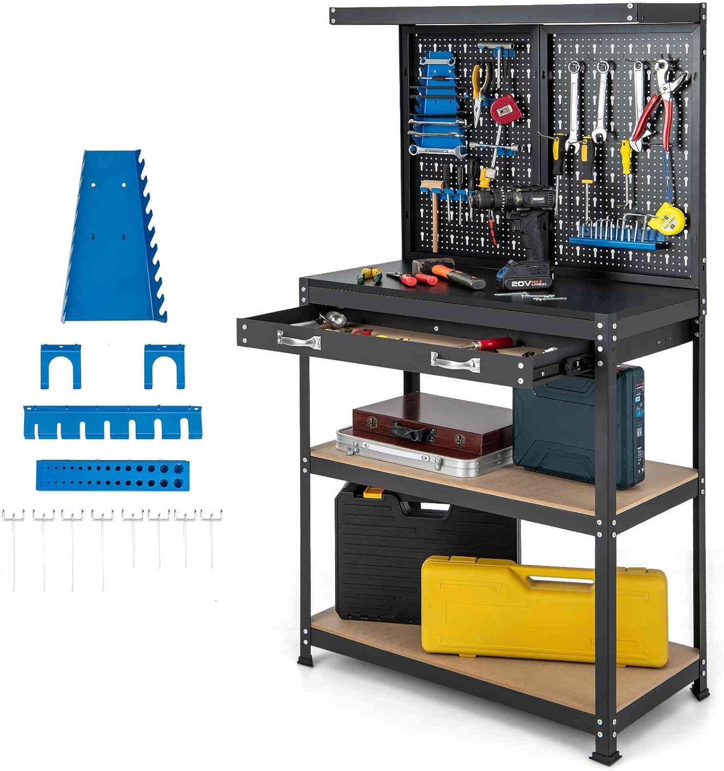 TANGZON Workbench with Pegboard, Multi-Use Workbench with 4 Shelves, Topping Space,2 Drawer, Robust Metal Frame, Heavy-Duty Work Table Tool Storage Bench for Workshop warehouse Basement (Black + Blue)
